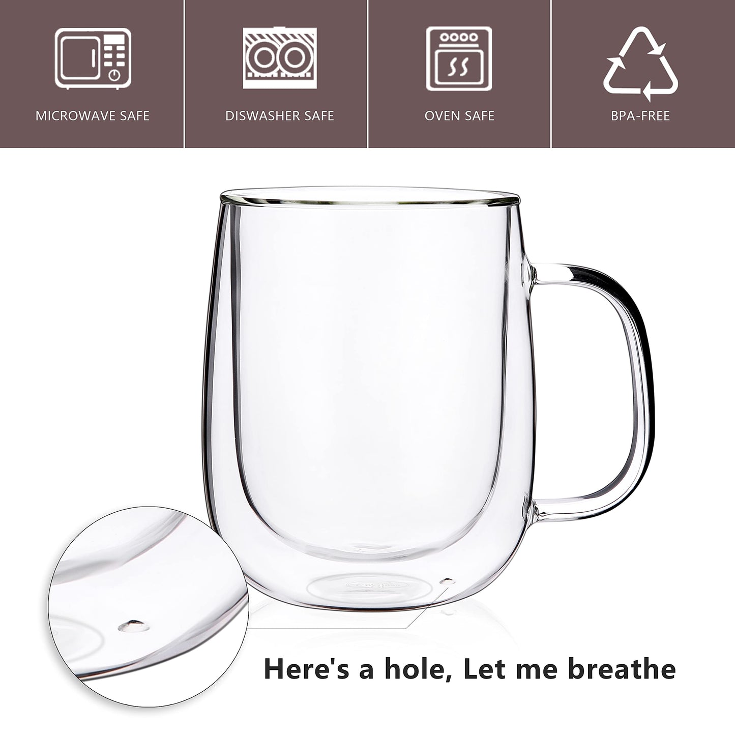 CNGLASS Large Double Wall Glass Coffee Mug 15.2oz,Clear Insulated Glass Espresso Cup with Big Handle,Clear Glass Espresso Mugs for Latte,Cappuccino,Tea Bag,Hot and Cold Beverages,set of 4