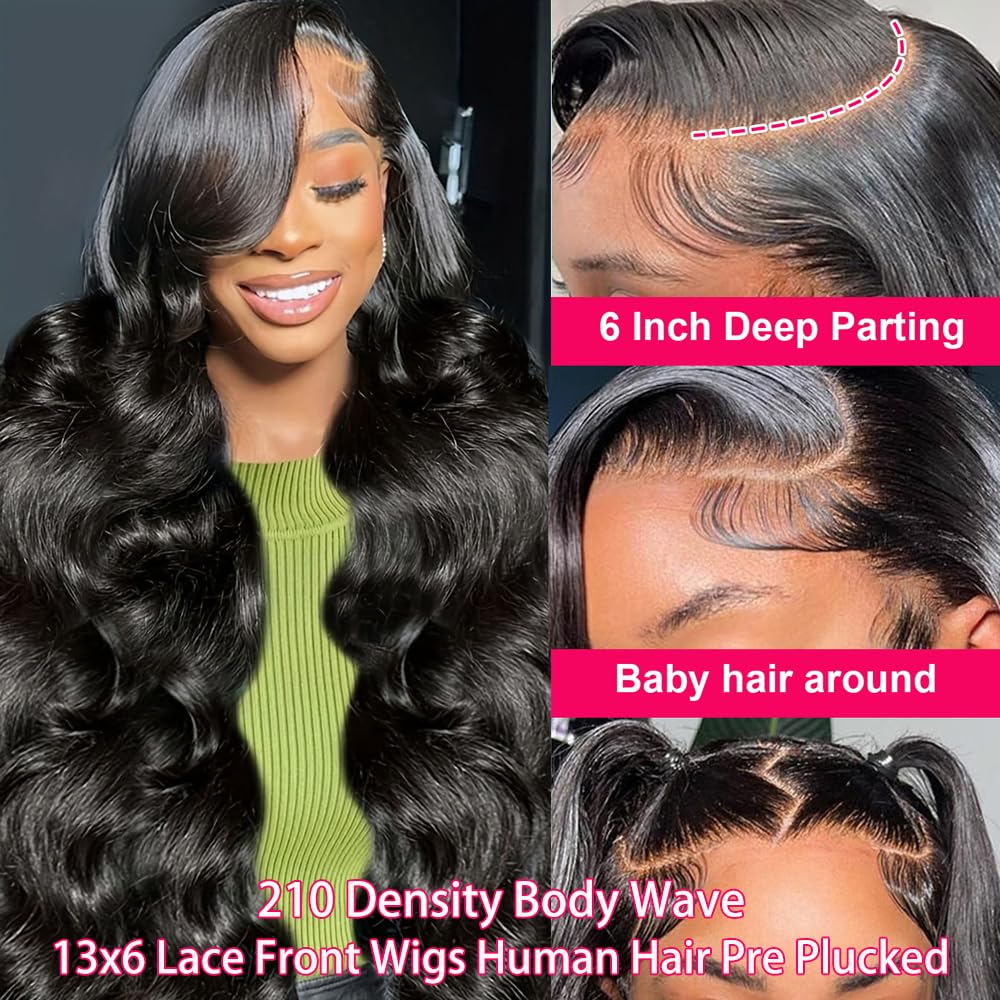 Zlzlblbl 13x6 Lace Front Wigs Human Hair Pre Plucked 210 Density Body Wave HD Lace Front Wigs for Women Human Hair Glueless (Natural Color Body Wave Wig, 24 Inch)