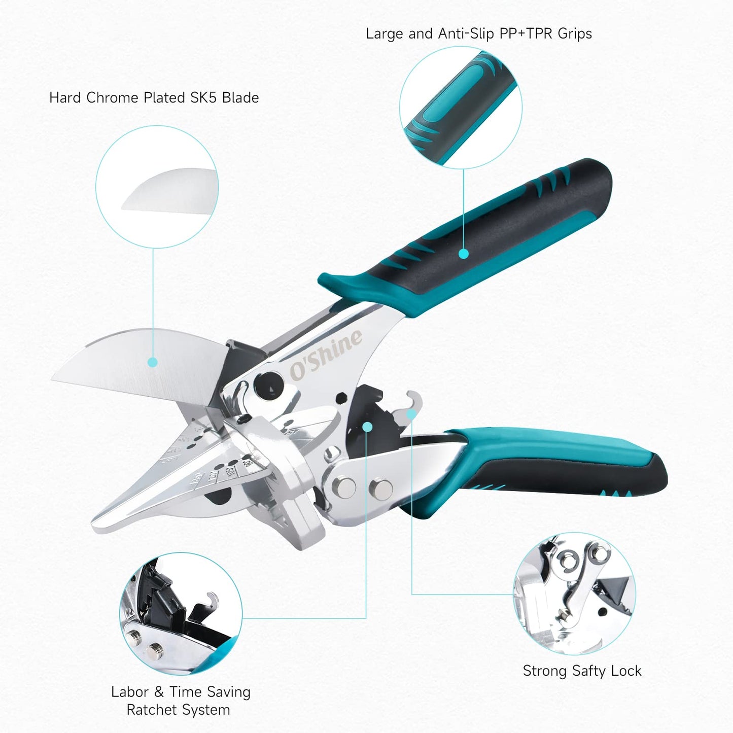 O’Shine Ratchet Miter Shears for Angular Cutting Molding Crafting Wood, Quarter Round Cutting Tool, 45-135 Degree Multi Angle PVC Miter Shear Trim Cutter Hand Tool, An Extra Blade & Hex Key Included