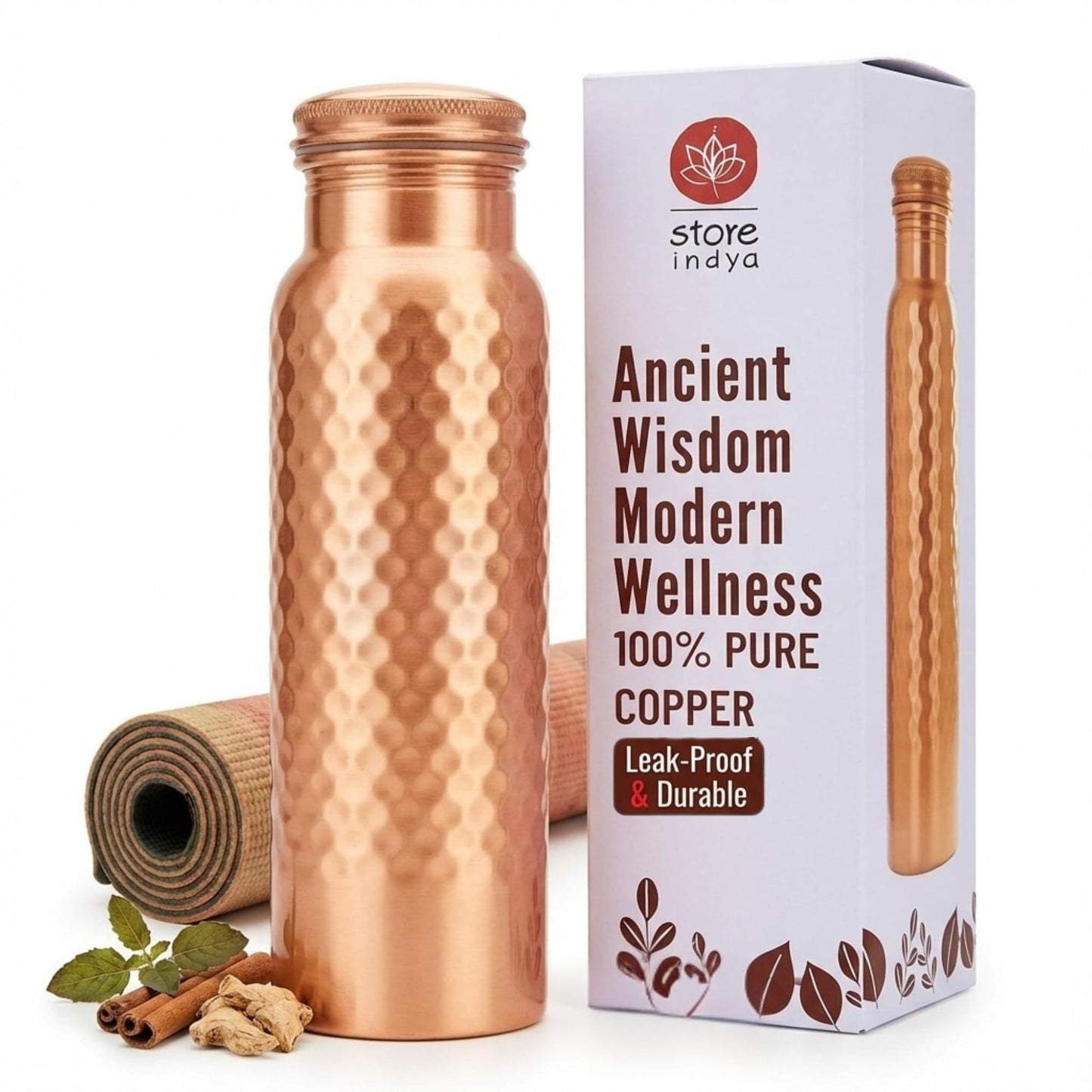 STORE INDYA Copper Water Bottle for Drinking Water 30 oz | 100% Pure Copper Ayurvedic Water Bottle with Leak-Proof Lid | Hammered Finish for Better Grip | Wellness Flask for Yoga, Office, Gym use
