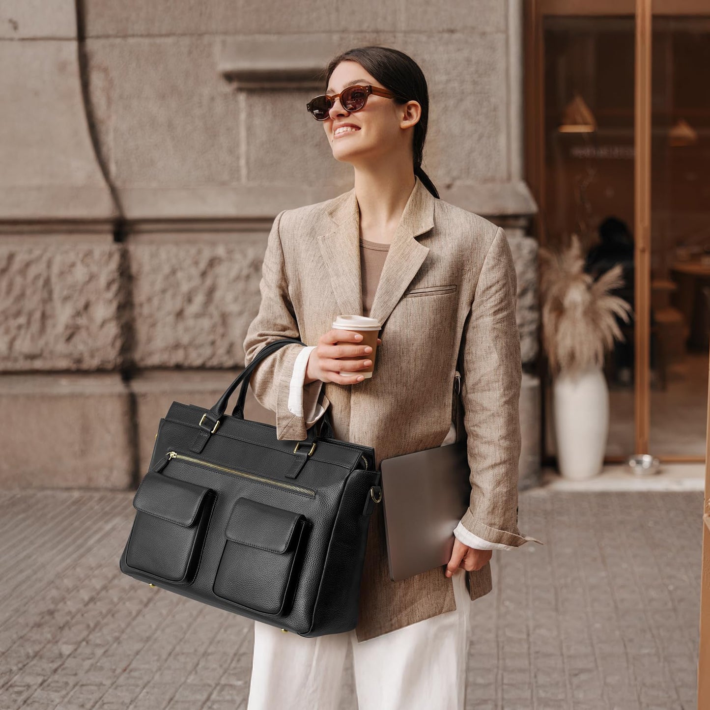 Kattee Leather Briefcase for Women, 15 Inches Laptop Bag, Work Tote with Luggage/Shoulder Strap, Black