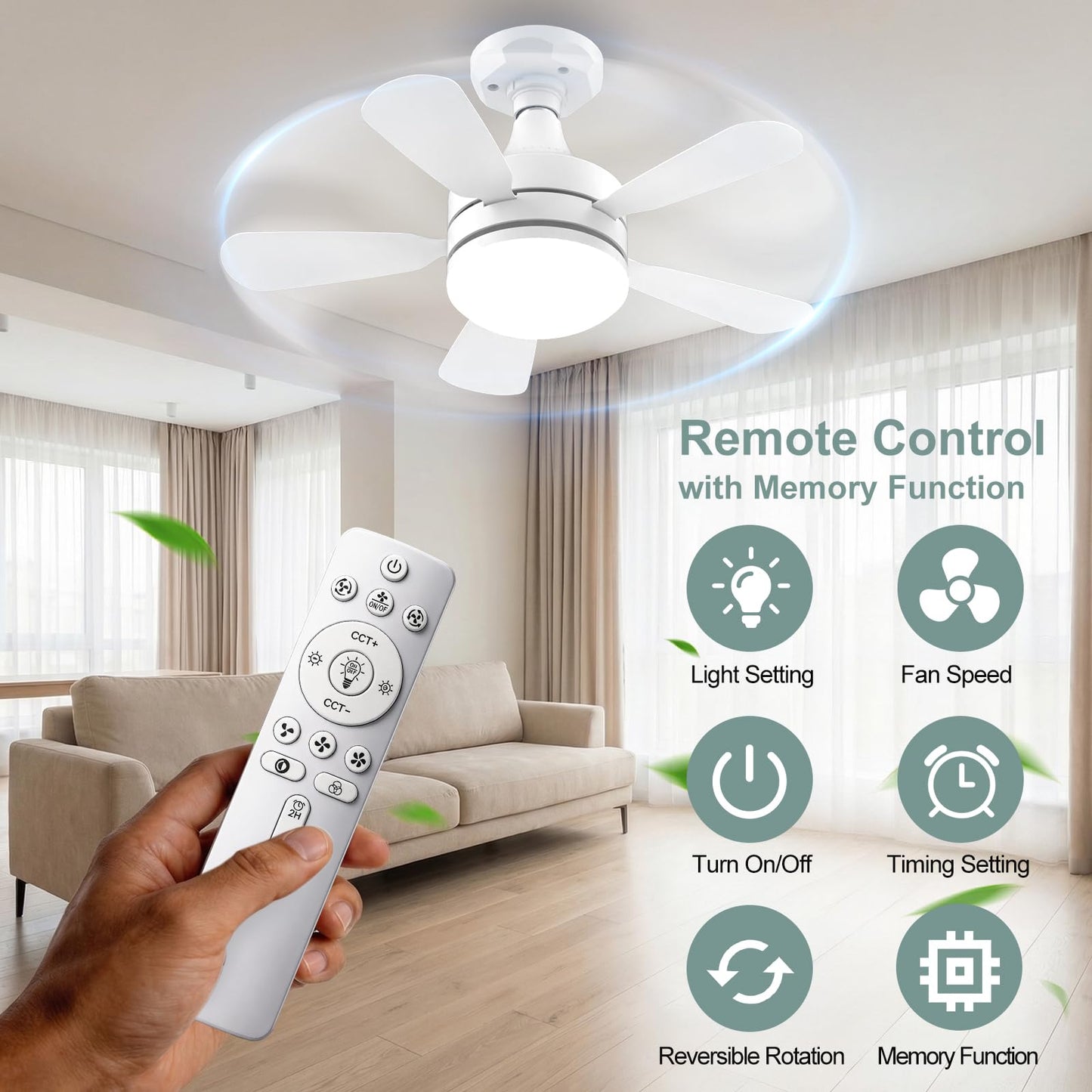 WZZIW 17.7" Socket Fan Light, 3000 Lumens Small Ceiling Fans with Lights and Remote, E26/E27 Light Bulb Fan with Reversible Motor, Dimmable 3000K-6500K Light Socket Fan for Bedroom Kitchen Garage