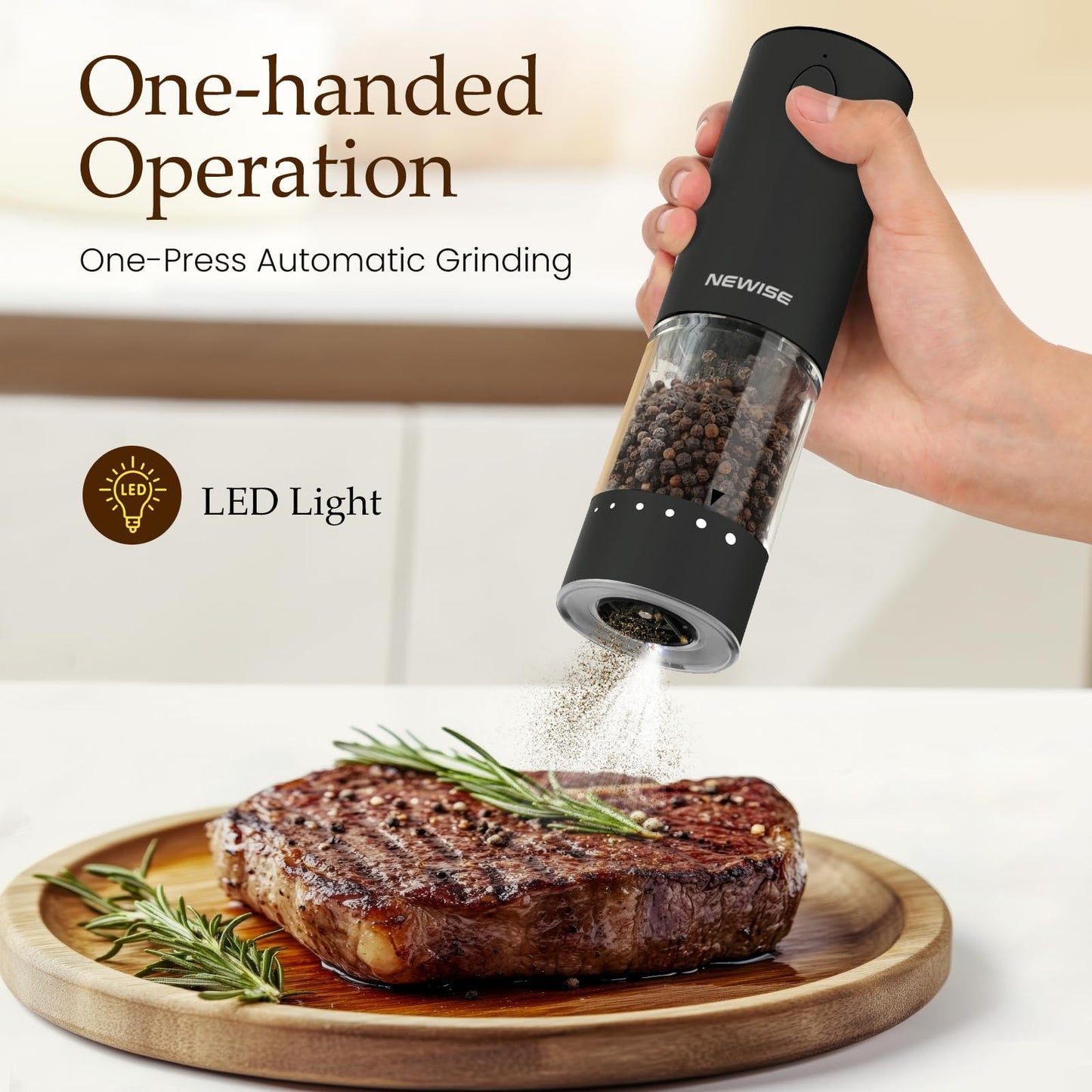 Newise Electric Salt & Pepper Grinder Set, Rechargeable with LED Light & External Coarseness Adjustment, One-Hand Operation, Valentines Day Kitchen Gifts for Him Home Cooks & Families - Black
