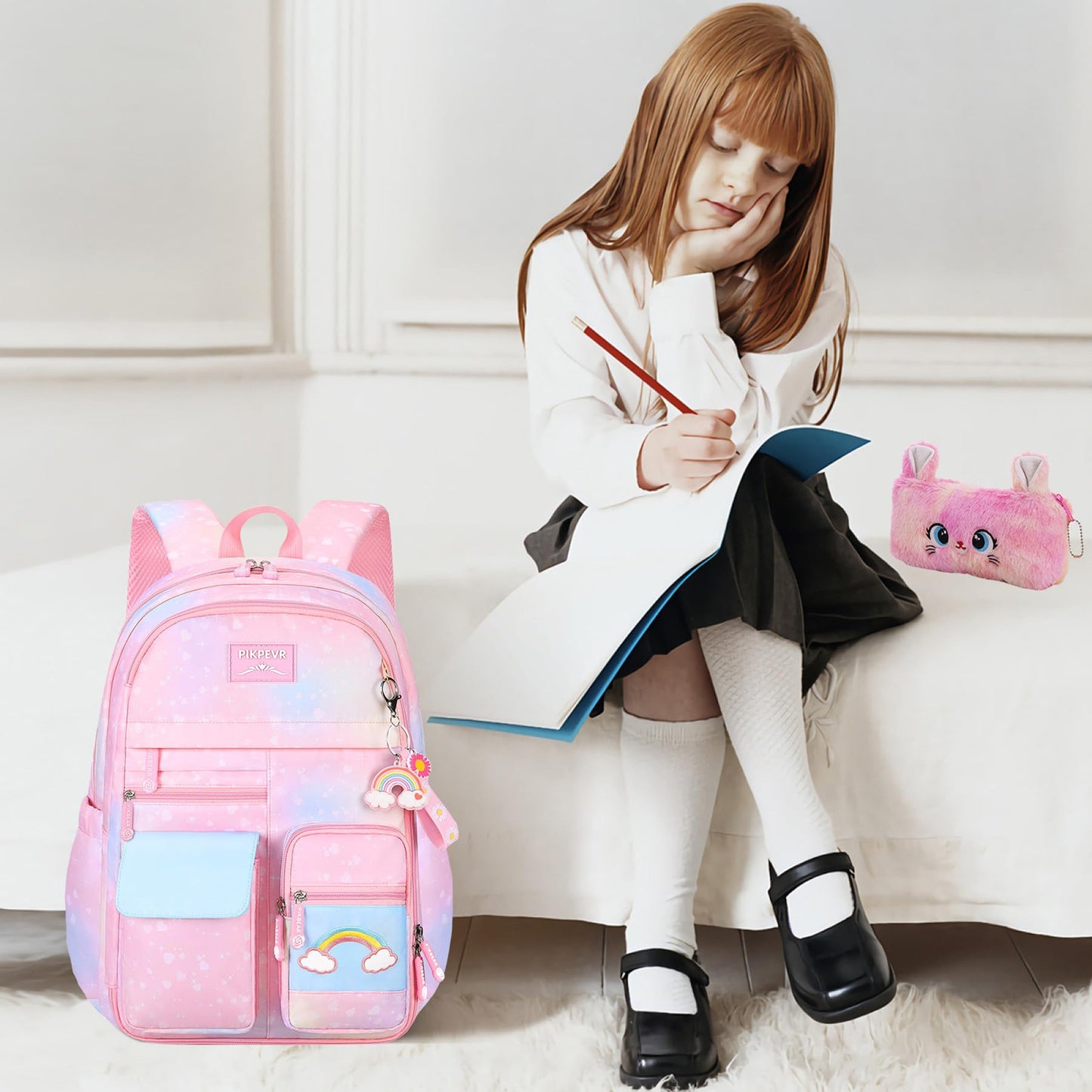 Jcobvig Rainbow Backpack For Girls Kids,Cute Student School Backpack With Pen Bag,Pink Aesthetic Starry Rainbow Laptop Travel Bag (Pink Medium 16.5in
