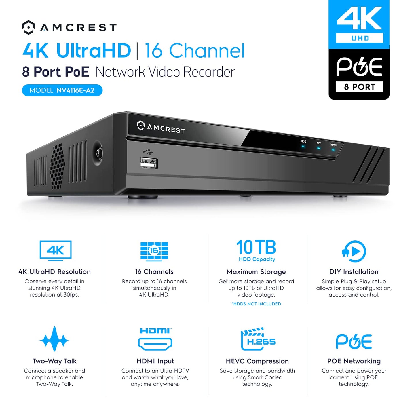 Amcrest 4K 16CH 8 Port PoE NVR (1080p/3MP/4MP/5MP/8MP) Network Video Recorder, 16CH (8-Port PoE) NVR - Supports up to 16 x 8-Megapixel IP Cameras, Supports up to 10TB Hard Drive NV4116E-A2