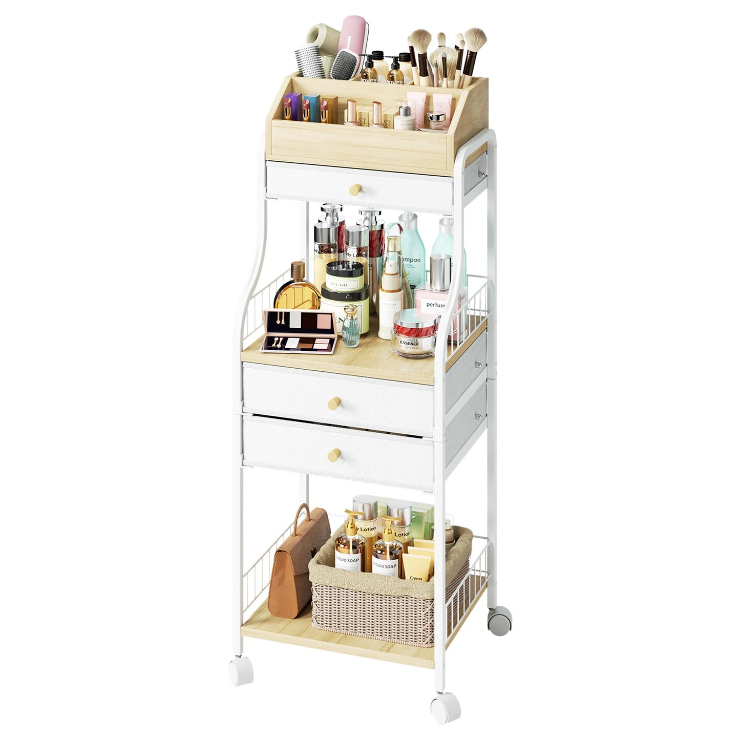 SWTYMIKI Rolling Makeup Organizer Cart - Floor Skincare Storage with Non-woven Drawers, Vanity Organizer Cosmetic Display Cases with Wheels, Cabinet for Skin Care Perfume Nail Polish Brush Hair Tool