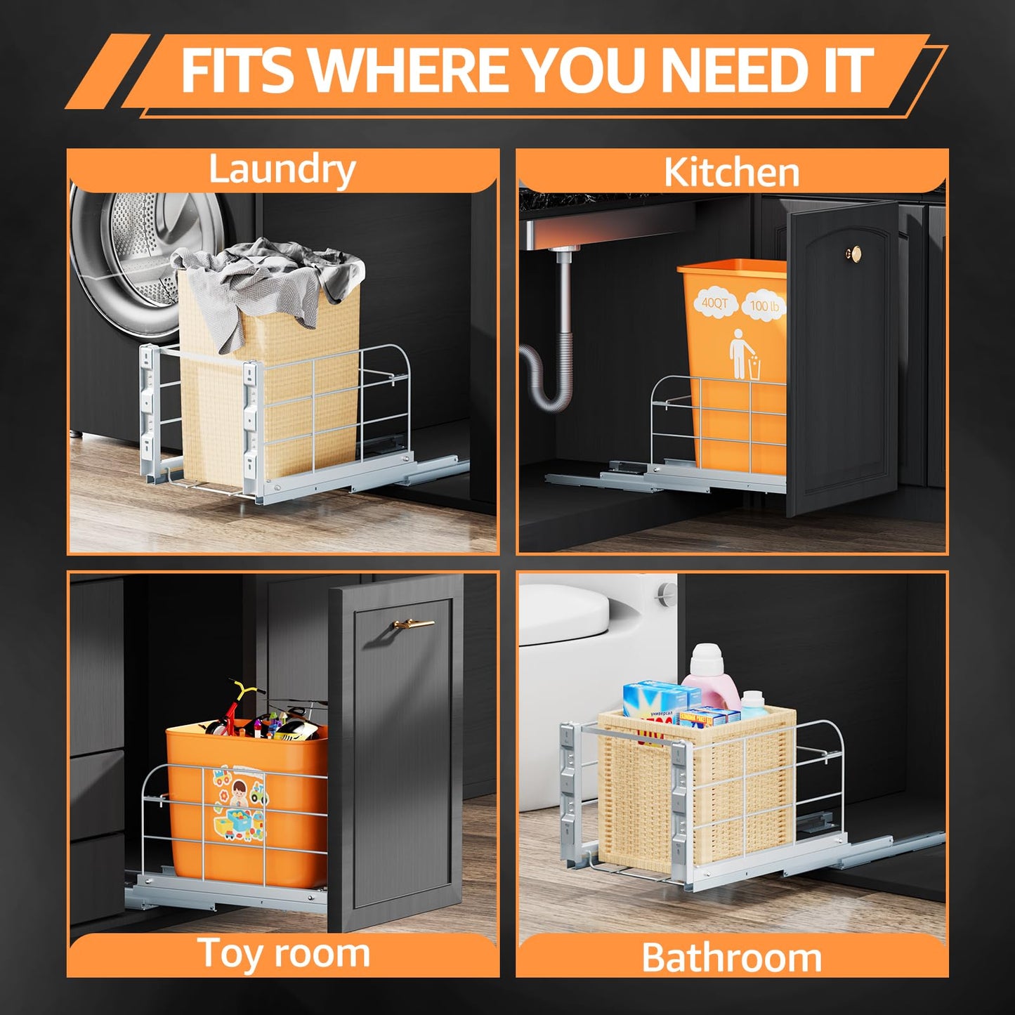 RUNMI Pull Out Trash Can Under Cabinet with Soft-Close Slides,Heavy Duty 40 Qt Under Sink Trash Can for Kitchen,Garbage Can Not Included, Requires Minimum Cabinets Opening 12" W X 17" D