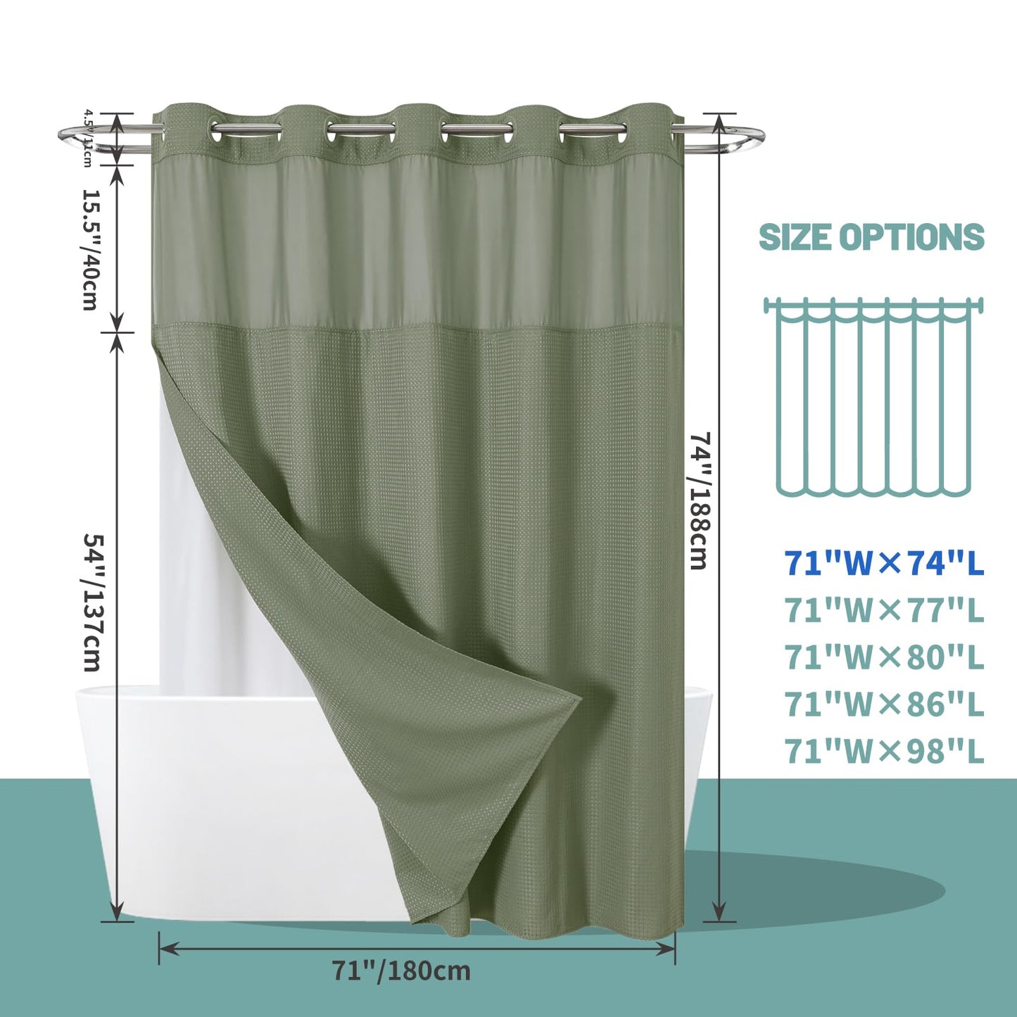 eachope SageGreen No Hook Waffle Weave Shower Curtain with snap-in Liner Replacement, 230GSM Waterproof Fabric Hotel Shower Curtain Set for Bathroom, Through Mesh Top Window,71Wx74H
