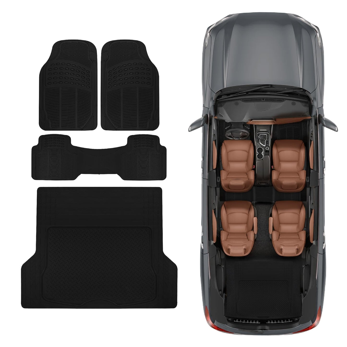 BDK Proliner All Weather Rubber Auto Floor Mats and Trunk Cargo Liner - Front & Rear Heavy Duty Set Fit for Car SUV Van and Truck, Black, 4 Pieces (Trim to Fit)