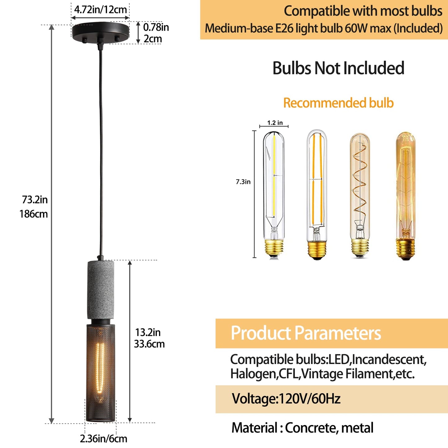 ADCTHOME Concrete Linear Pendant Light with a Metal Mesh Shade,Modern Industrial Hanging Cement Pendant Lighting Fixture for Kitchen Island Dinning Room Bedroom(Black 2-Pack)