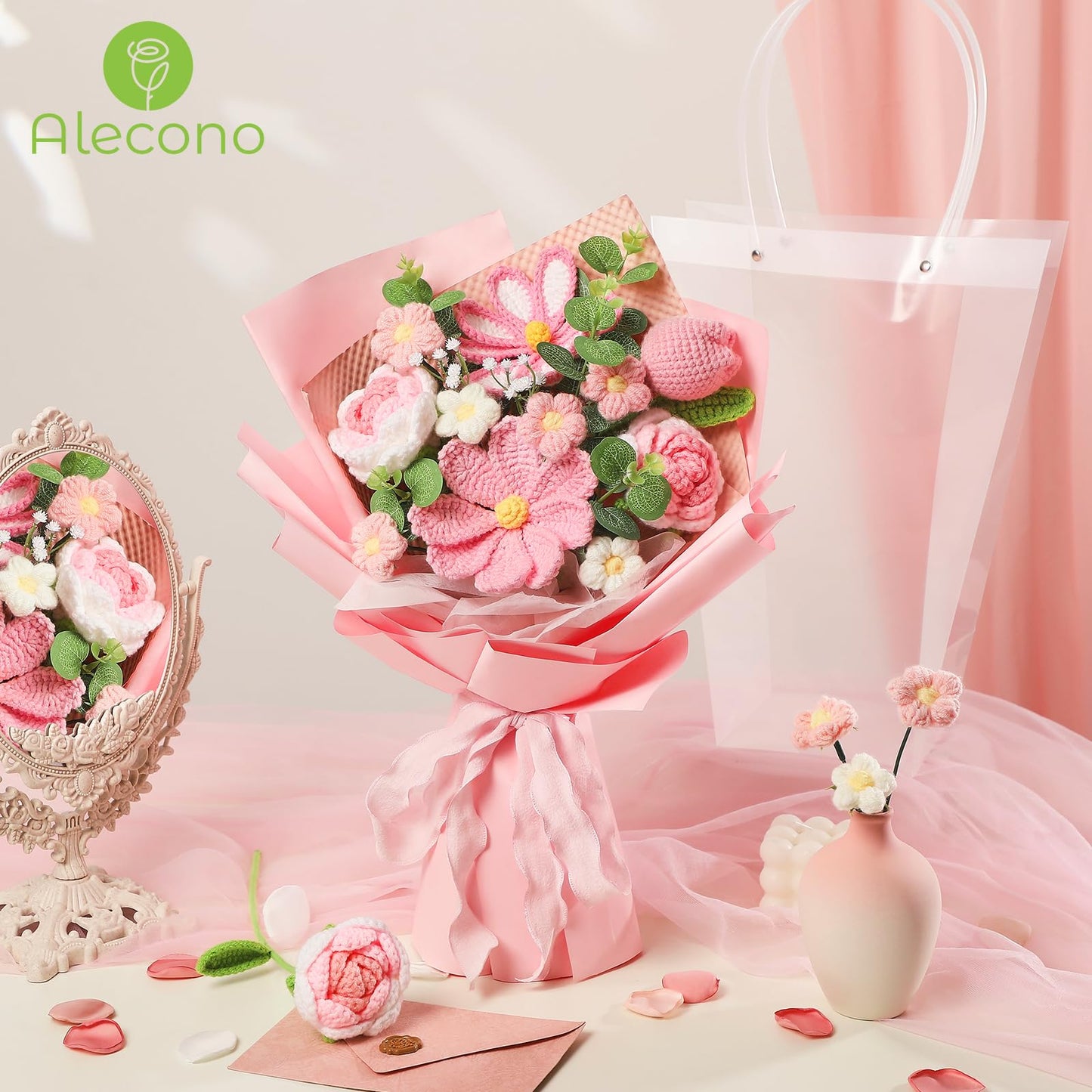 Alecono Crochet Flower Bouquet, Pink Knitted Flowers, Crochet Tulip Galsang Flower for Lover Anniversary Birthday Party Mother's Day Graduation Gifts (Include Card)