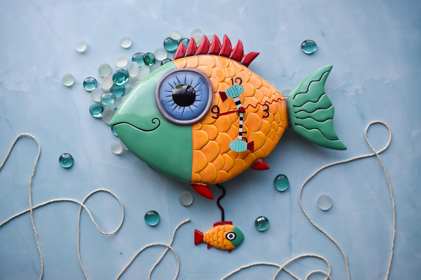 Allen Designs Enesco Wide-Eyed Fishy Sculpted Pendulum Wall Clock, 13.5 Inch, Multicolor