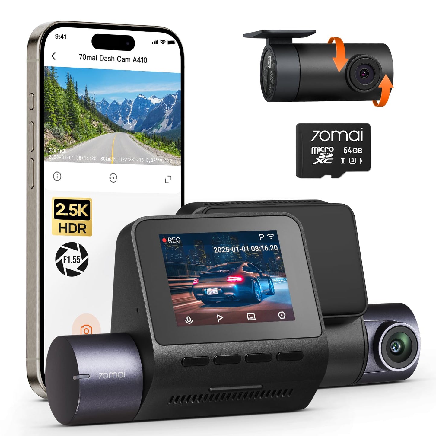 70mai Dash Cam Front and Rear - 2.5K+1080P Dual Dash Camera with HDR, Super Night Vision, F1.55 Aperture, 24H Parking Mode, Built-in Wi-Fi & GPS, G-Sensor, Loop Recording, 64GB Card Included (A410)