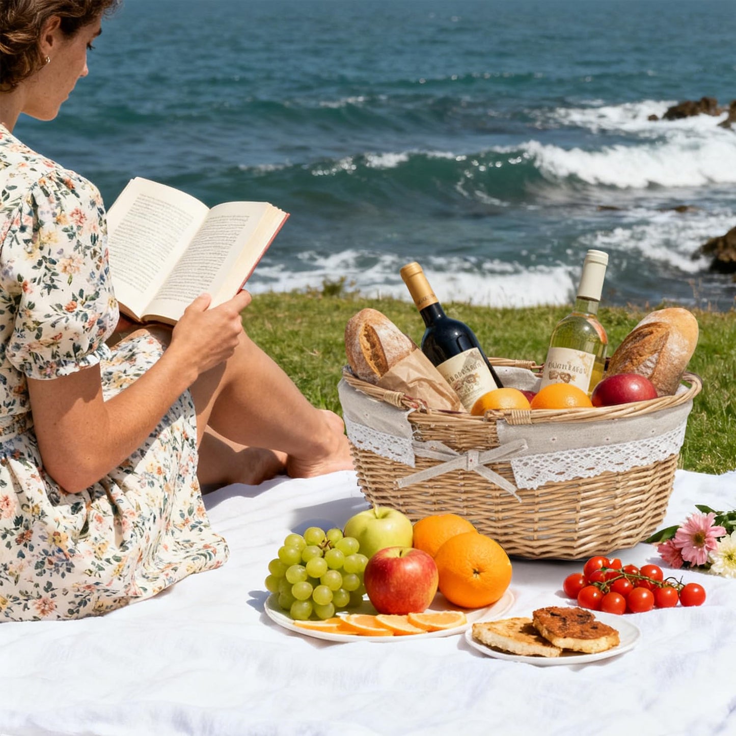 Dicunoy Wicker Picnic Basket with Handle, Large Empty Gift Basket to Fill, Open Top Market Harvest Baskets for Garden, Fruit, Candy, Wine, Easter Egg Gathering, Wedding, Vegetables