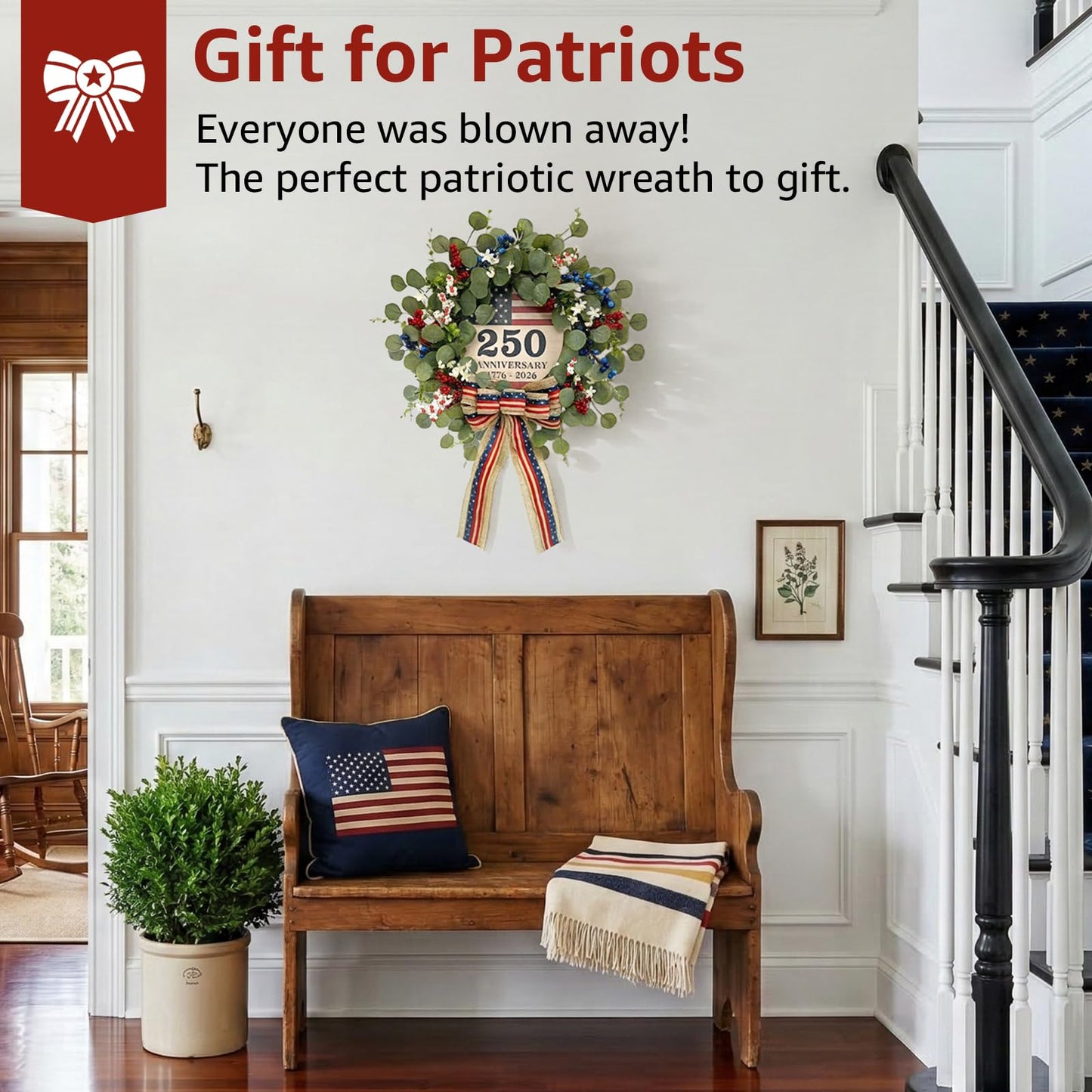 4th of July Eucalyptus Wreath for Front Door - 23 inch 1776-2026 USA 250th Anniversary Patriotic Outdoor Decorations, Memorial Day Wreaths with Red White Blue Berries and Bow