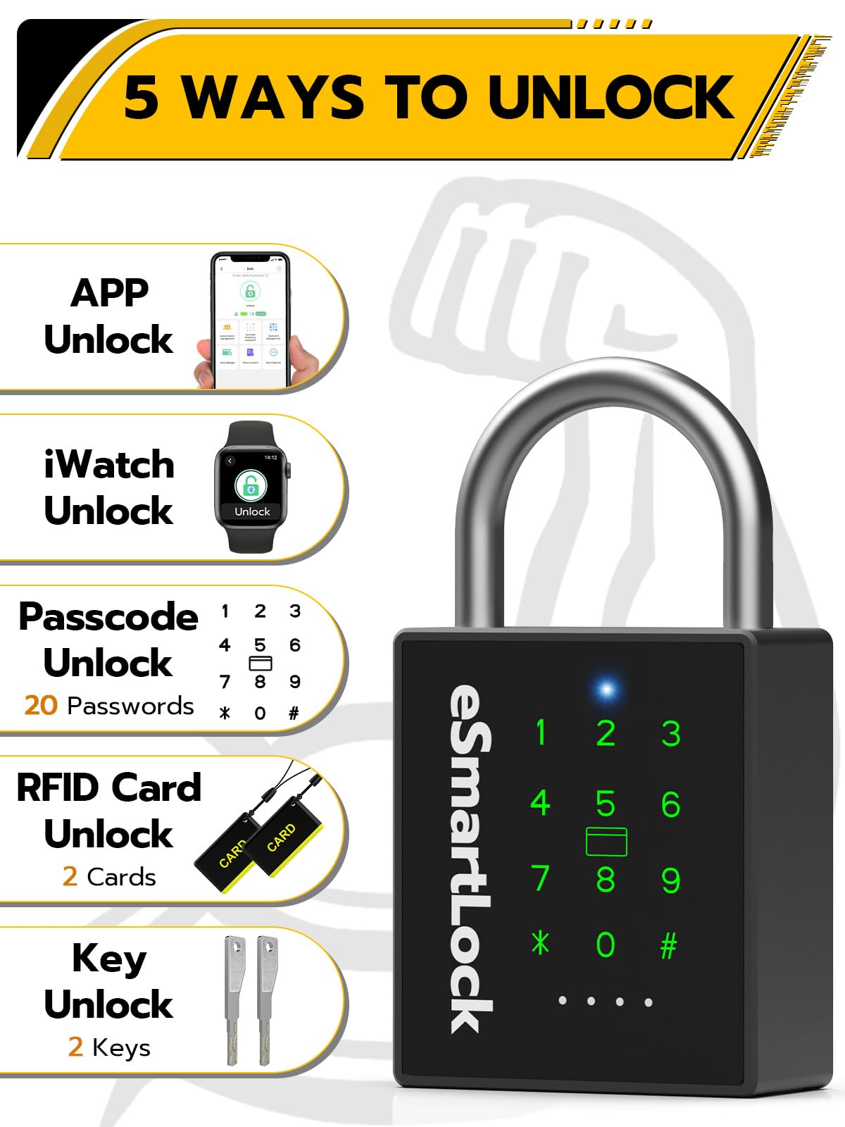 Pothunder Heavy Duty Smart Padlock, Bluetooth Padlock with Code and RFID, Outdoor Padlock with Key, Weatherproof Biometric Digital Lock for Gate, Sheds, Fence, Garage, Locker, Storage Unit