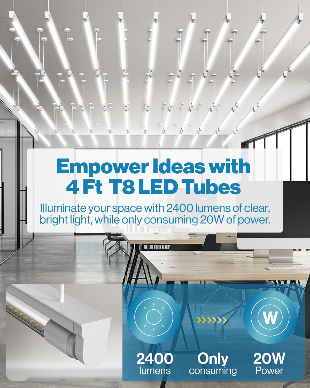 Sunco 10 Pack T8 LED Bulbs 4 Foot, 48 Inch Tube Light Bulbs Fluorescent Replacement, Single or Double Ended Hybrid Type A+B, 2400 LM, 20W, 5000K Daylight, Clear Lens ETL.