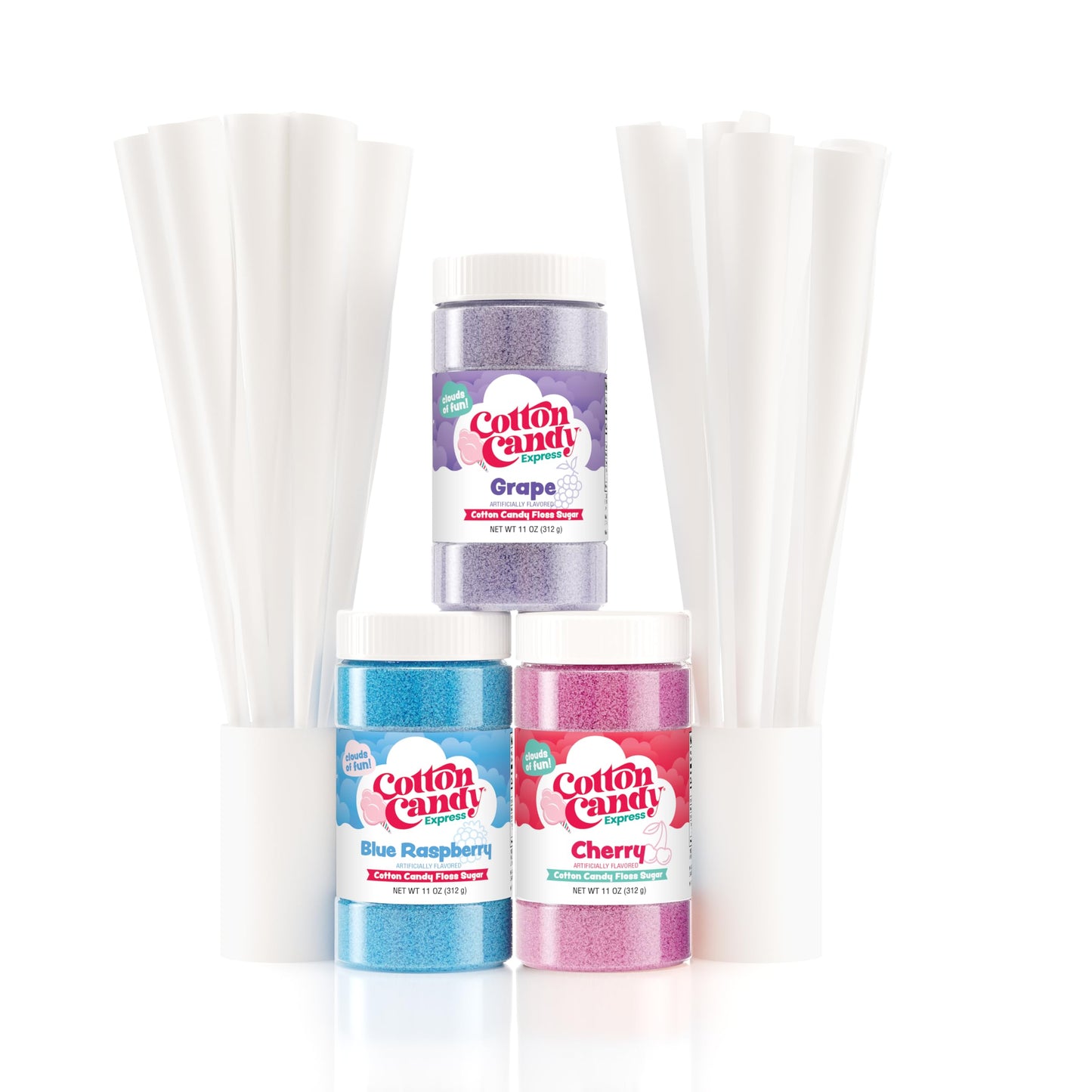 Cotton Candy Express BB1000-S Cotton Candy Machine, with 3-11oz. Jars of Cherry, Grape, Blue Raspberry Floss Sugar & 50 Paper Cones. Easy to Use and Clean. Nostalgia and Fun for Kids and Adults