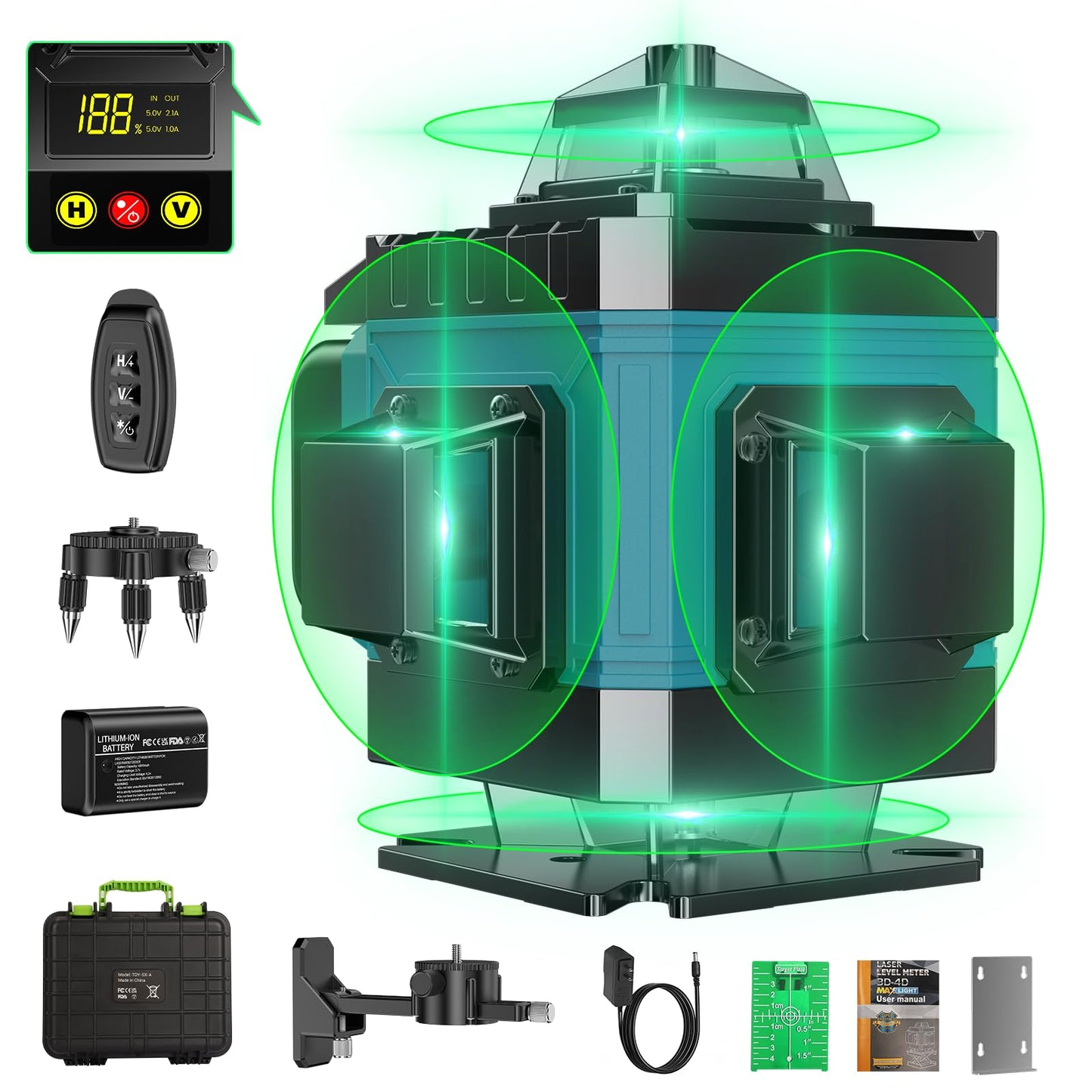 16 Line Laser Level 360 Self Leveling, 4x360°Professional 4D Green Cross Line laser Level with 2 Batteries, Adjustable Brightness & Remote Control, for Tiling Floor Construction and Picture Hanging
