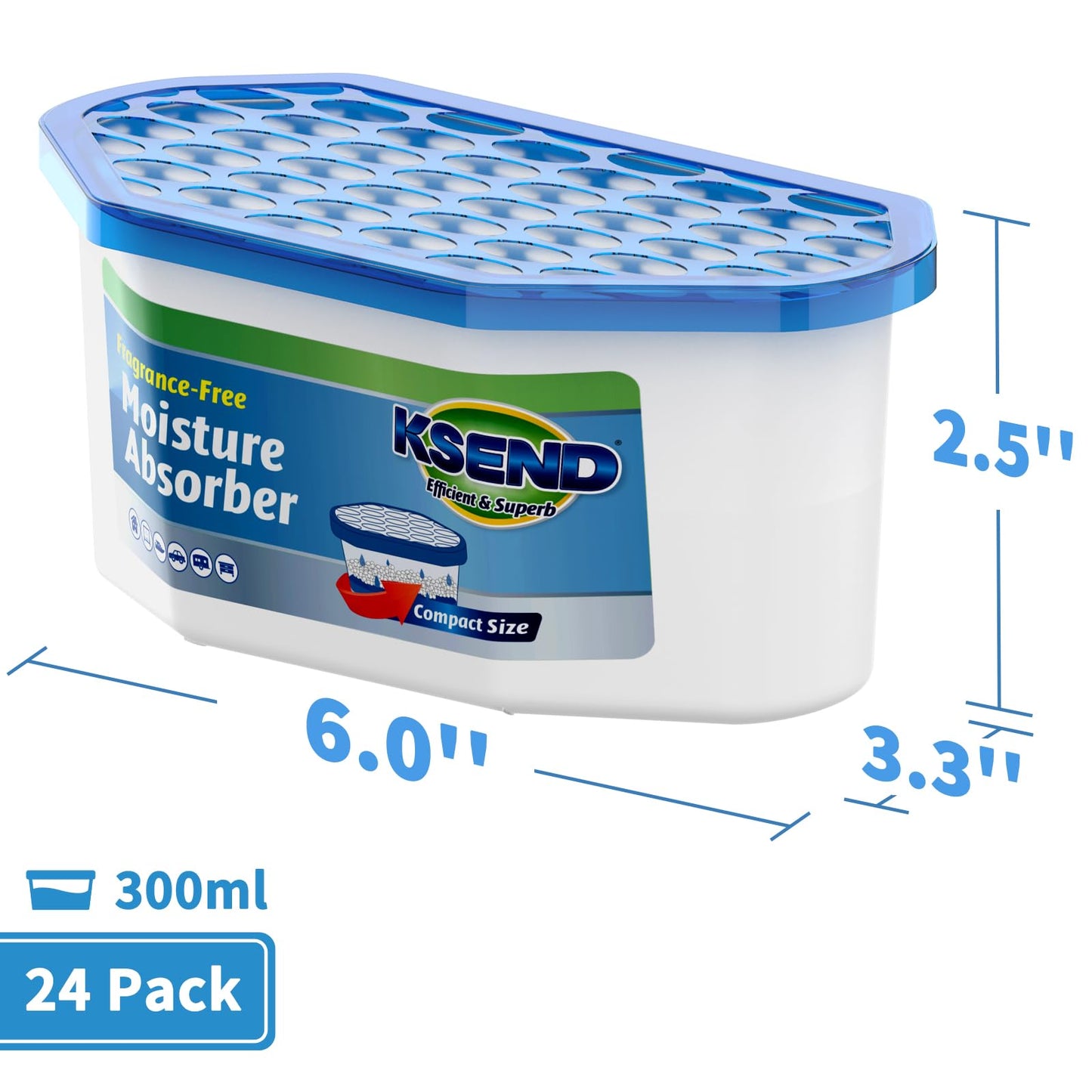 Ksend Moisture Absorbers, 24 Pack, Compact Dehumidifier for Closet, Efficient Humidity Absorber Boxes, Moisture Absorber for Closet, Odor Eliminator with Fragrance Free, Blue, 6.4oz, 300ml