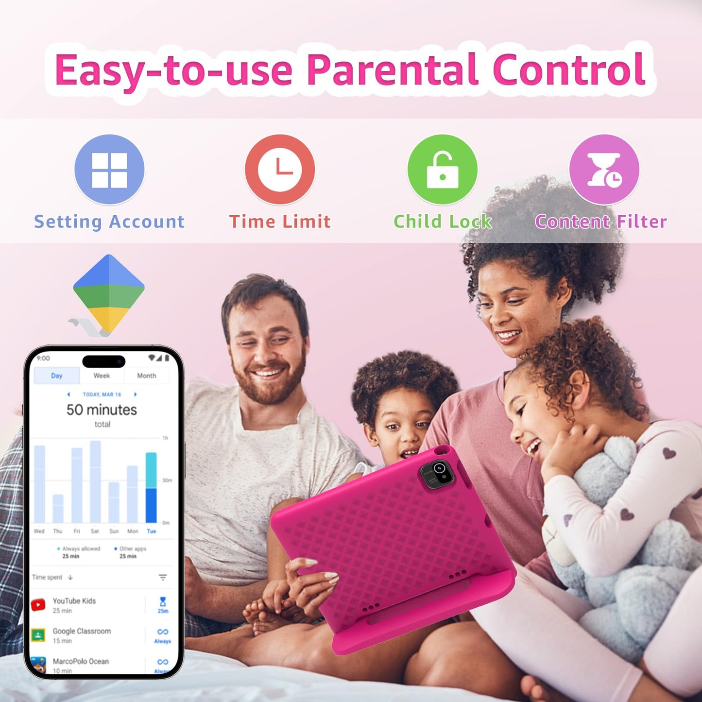 ApoloSign Kids Tablet 10 Inch Tablet for Kids, Learning Tablet with Android 13, WiFi, BT5.0, Dual Camera, Pre-Installed Educational App, Parental Control, Shockproof Case for Boys Girls(Pink)