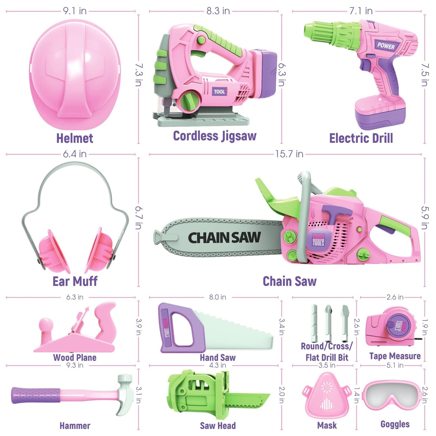 EP EXERCISE N PLAY 18 Pieces Kids Tool Set Pretend Play Construction Tool Accessories with a Tool Box Including Toy Electric Drill (Pink+), Medium, OYG606-3