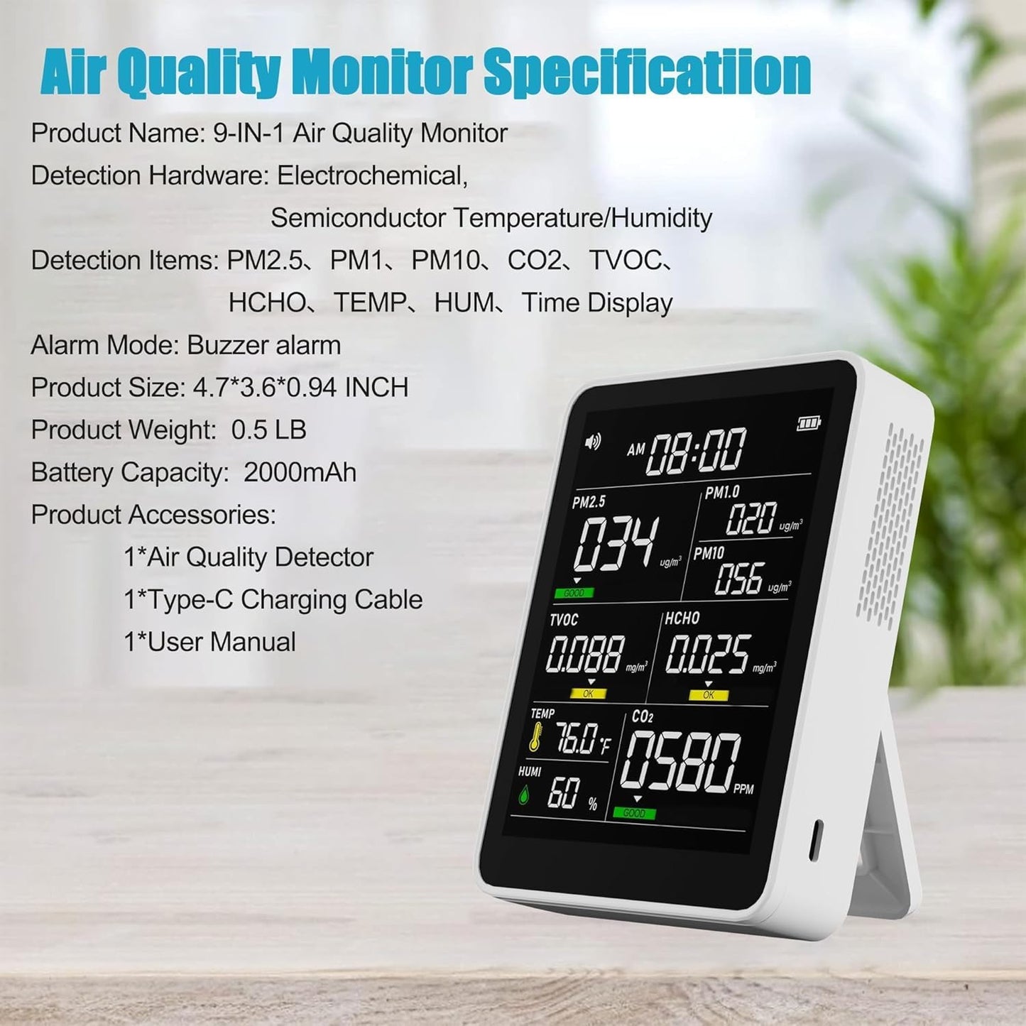 9-in-1 Professional Indoor Air Quality Monitor Indoor Portable PM2.5/PM10/CO2,Temperature, Formaldehyde Detector,Humidity TVOC,Time Display Air Quality Tester (Pearly White)
