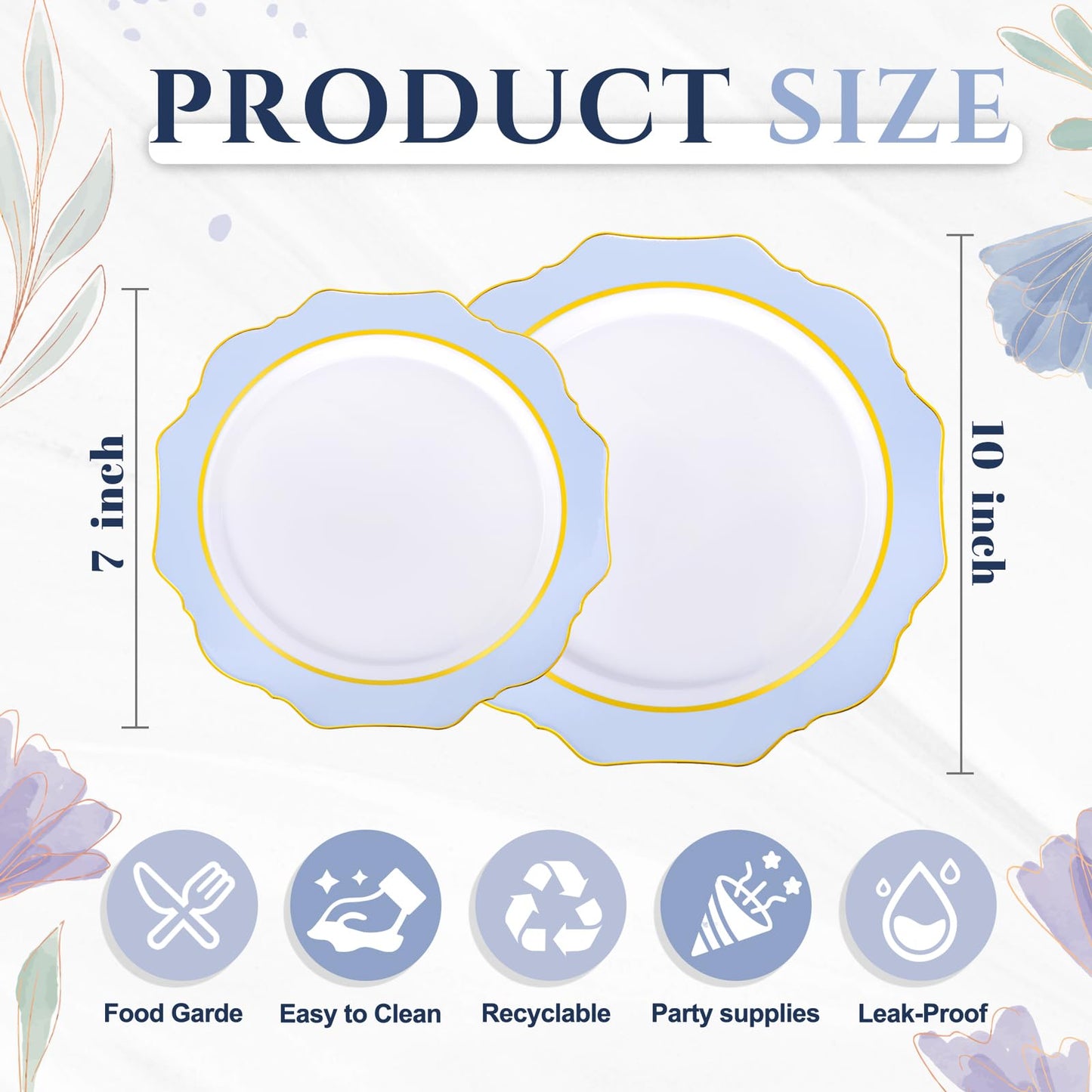 WDF 100PCS Blue Plastic Plates - Light Blue Plates Disposable - Heavy Duty Scalloped Plastic Plate for Parties/Wedding/Baby Shower
