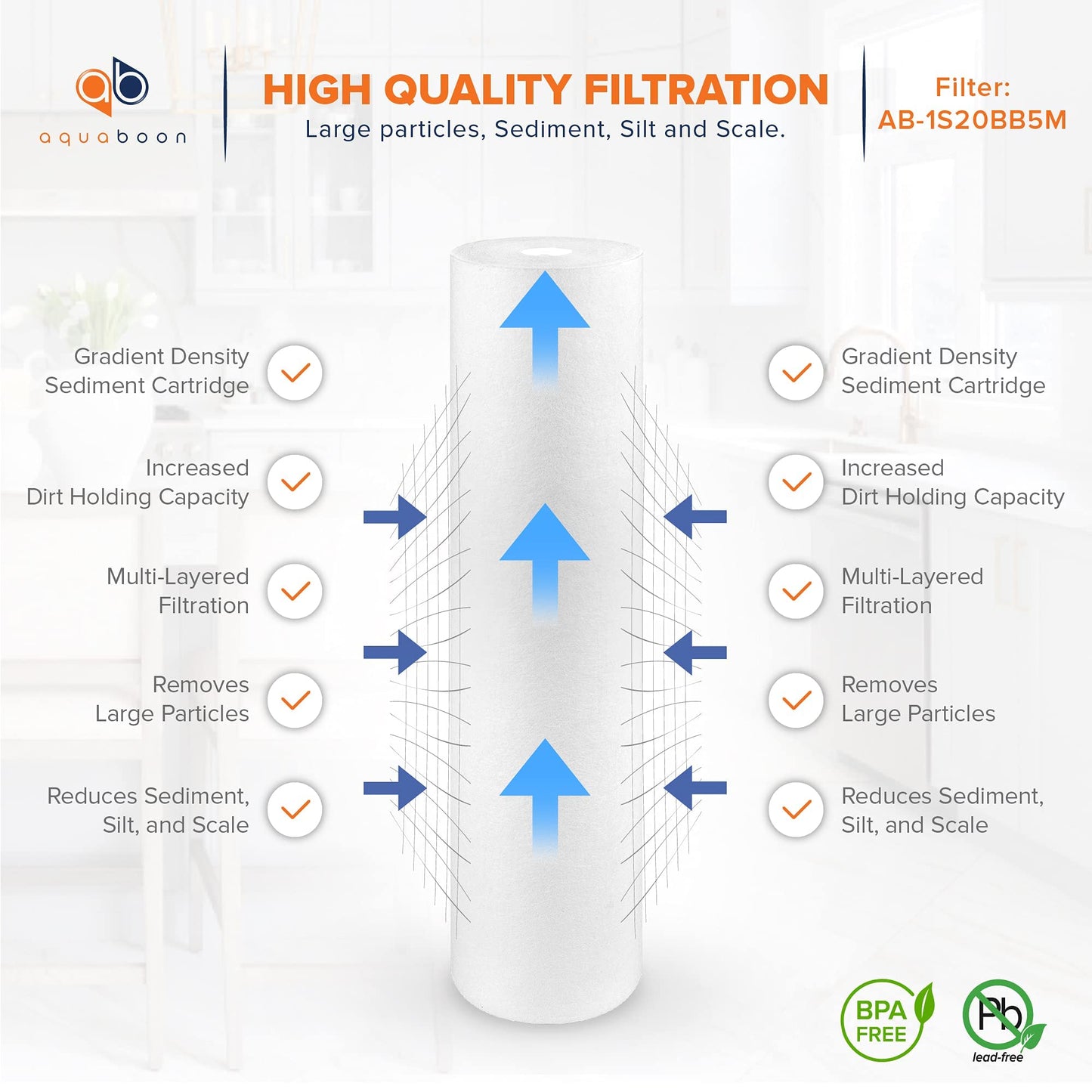 Aquaboon 5 Micron 20 x 4.5 Whole House Sediment Filter Cartridge 20 inch Water Filter Replacement Compatible with DGD-5005-20, FP25B, AP810-2, 4-Pack