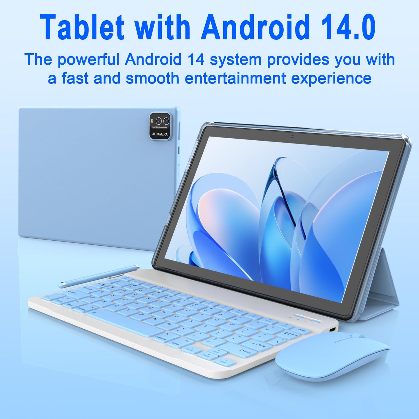 Android 14 Tablet, 10 inch 2 in 1 Tablets with Keyboard/ Case/ Mouse/ stylus, 8GB RAM+64GB ROM+1TB Expand Tablet, 1280*800 IPS Touch Screen Tablet Computer, 2.4G/5G WiFi 6 BT 5.0, Long Battery Life