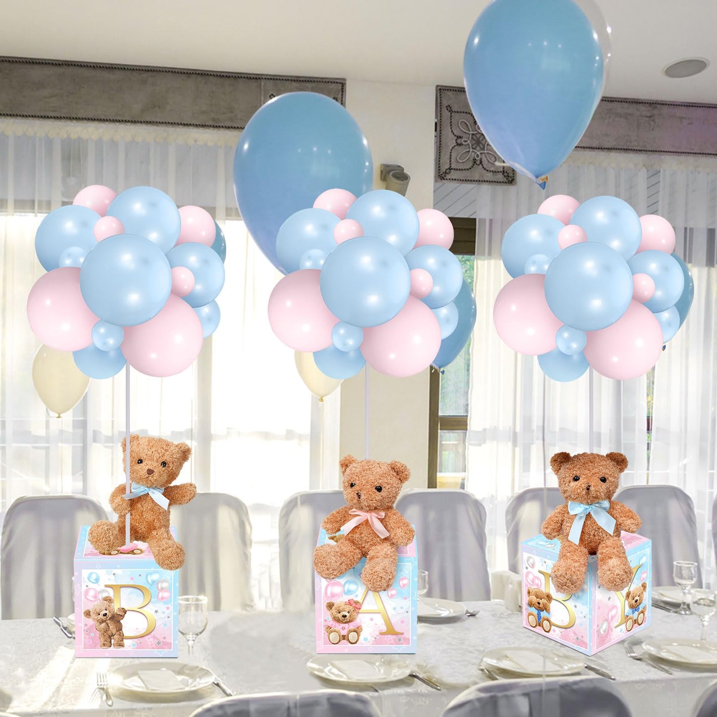 Lenwen - Set of 6 Blue Pink Bear Baby Shower Decorations for Gender Reveal Letter Boxes Baby Shower Table Centerpieces Stuffed Animal Balloons with Stand, Boxes