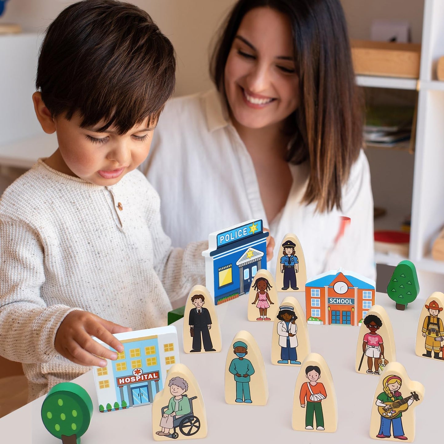 Atoylink 36Pcs Wooden Community Helpers Pretend Play Toys for Kids 3 4 5 6 Year Old, Wooden People Figures Blocks Occupations Dress up Toddlers Preschool Learning Toys Boys Girls Birthday Gifts