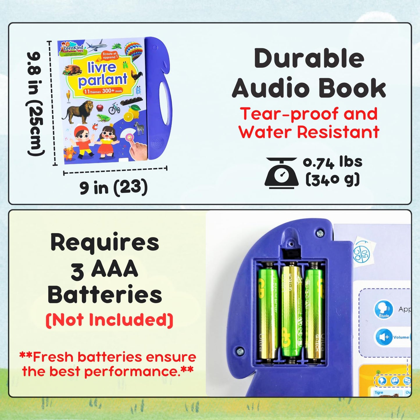ZeenKind French English Sound Book for Kids 2 3 4 5 6 Years Old, Learn French Interactive Audio Learning Books for Toddlers, Francais Educational Electronic Toy