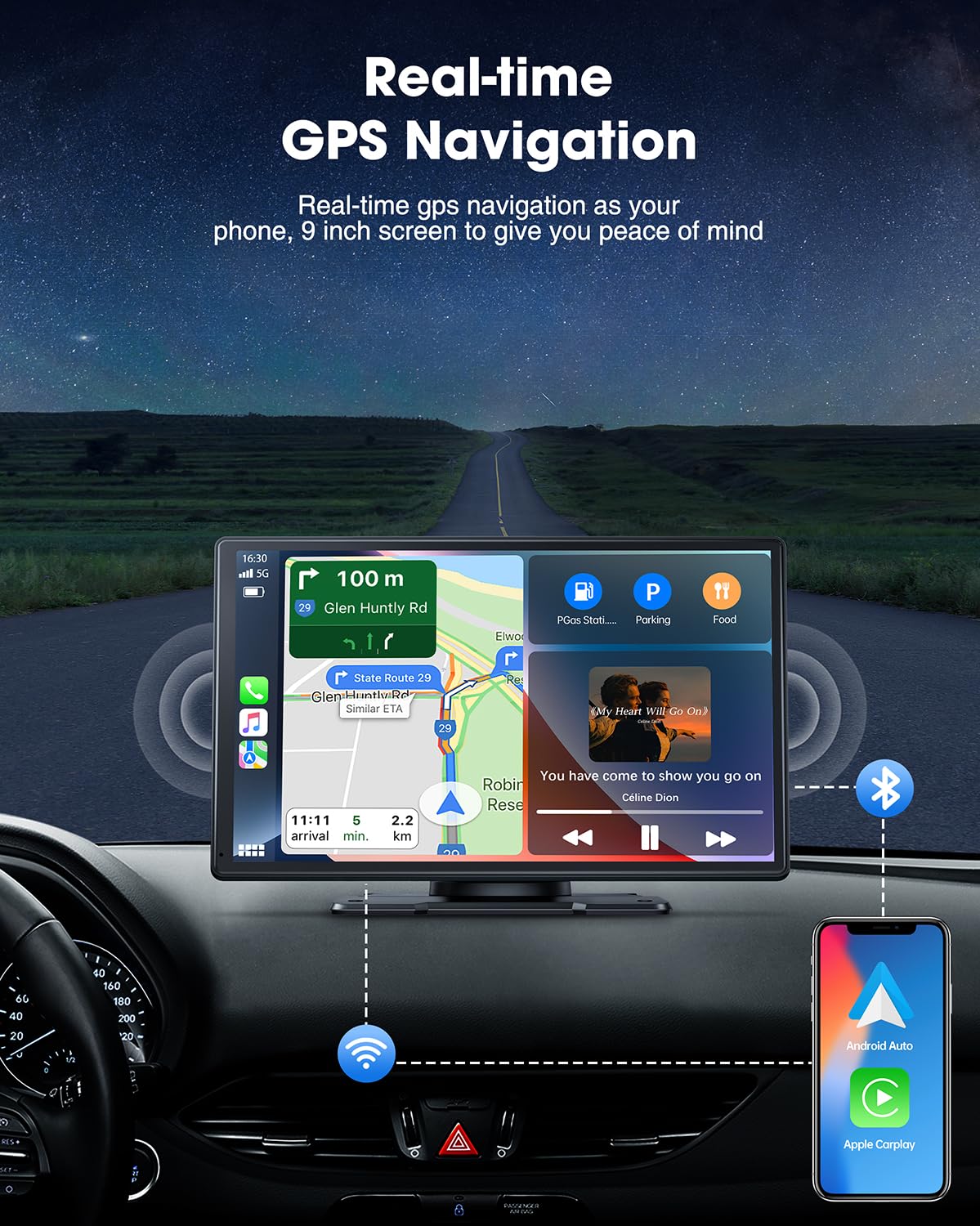 LAMTTO 9 Inch Wireless Car Stereo with Apple Carplay & Android Auto,Portable Touch Screen GPS Navigation for Car,Car Audio Receivers with Bluetooth,Airplay,AUX,Screen for All Vehicles