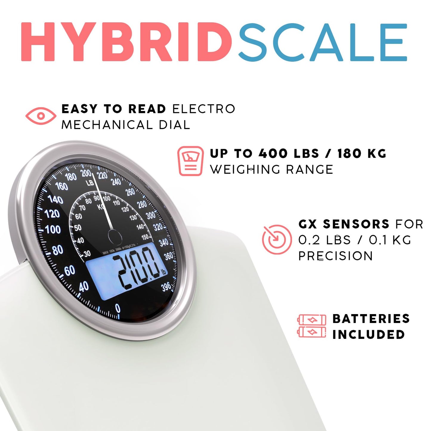 Adamson Hybrid 2-in-1 Analog & Digital Weighing Scale for Body Weight up to 400lbs + Thick Tempered Glass + Extra Large Display + Easy to Read Digital Bathroom Scale + New - White