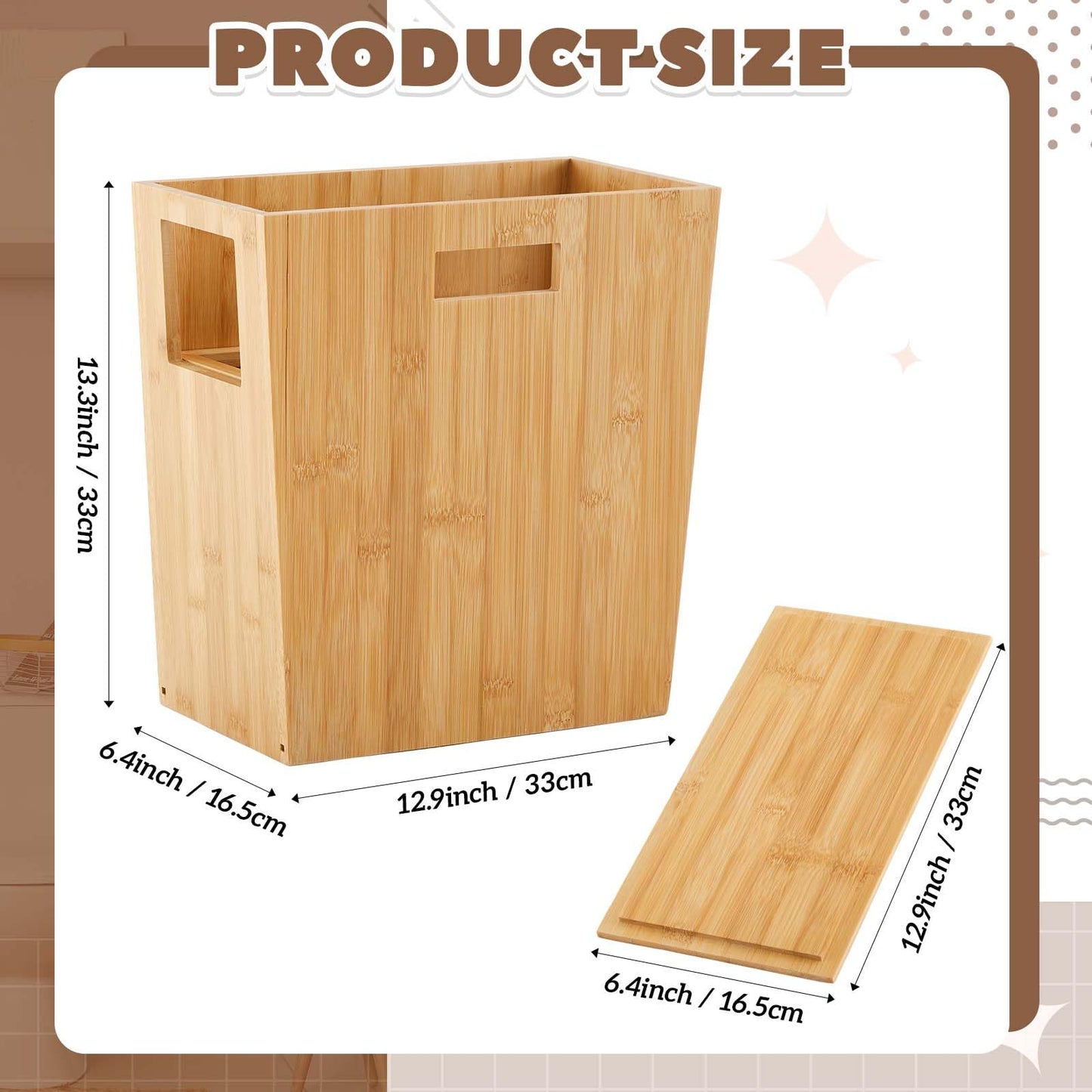 Reallnaive Slim Bamboo Trash Can for Bathroom Small Wooden Trash Can with Lid Wooden Waste Bin with Handle for Bathroom, Home, Office, Laundry, Bedroom, Kitchen, Living Room,12.9'' x 6.4'' x 13.3''