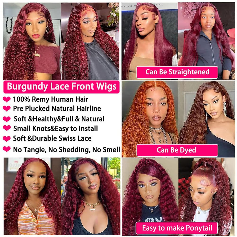99J Burgundy Deep Wave Lace Front Wigs Human Hair 13x4 HD Lace Frontal Wigs Human Hair Pre Plucked 180 Density Red Colored Deep Curly Wet and Wavy Glueless Human Hair Wigs for Black Women 26 Inch