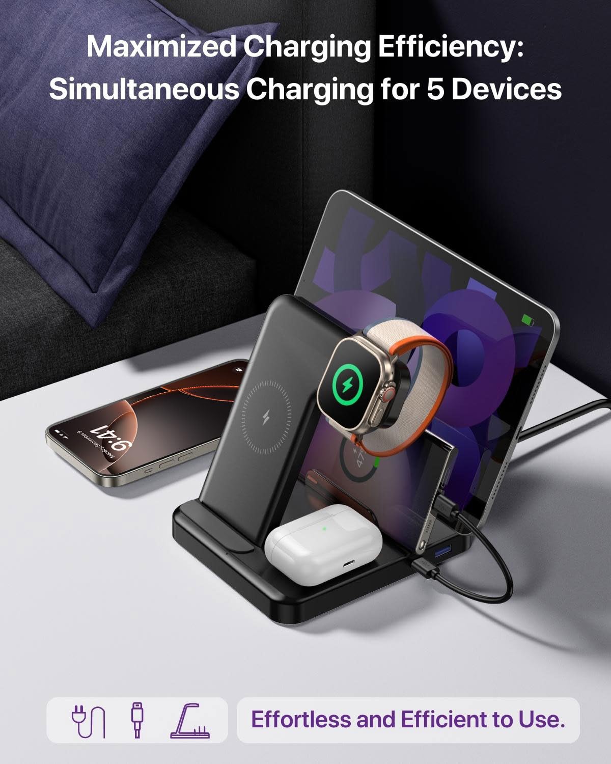 Caxdon Multiple Devices Charging Station, 5-in-1 Charging Stand for iPhone 16 Pro Max/Pro/Plus/15/14/13/12, iPad Pro/Air/Mini, Apple Watch and for Airpods, Wireless Charging Dock(G805, Black)
