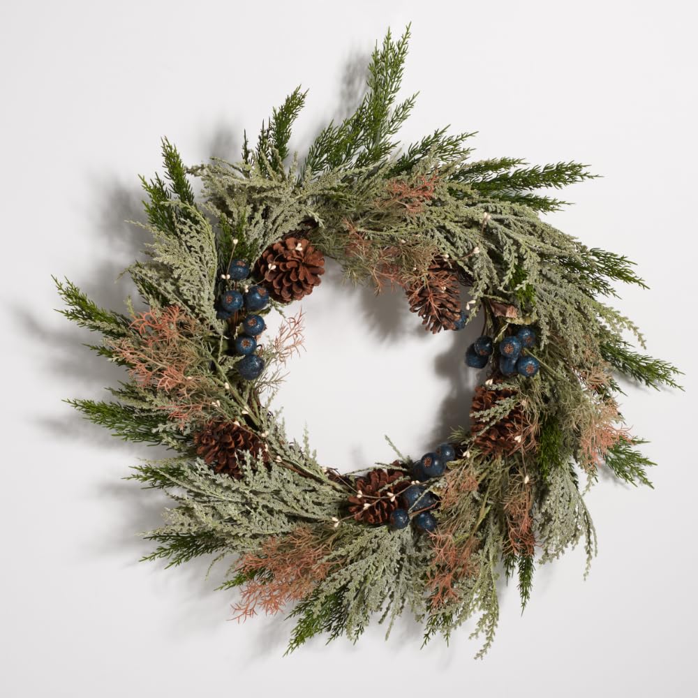 SAFAVIEH Home Collection 24-inch Decorative Artificial Pine Wreath with Pine Cones & Blueberries (Fully Assembled)