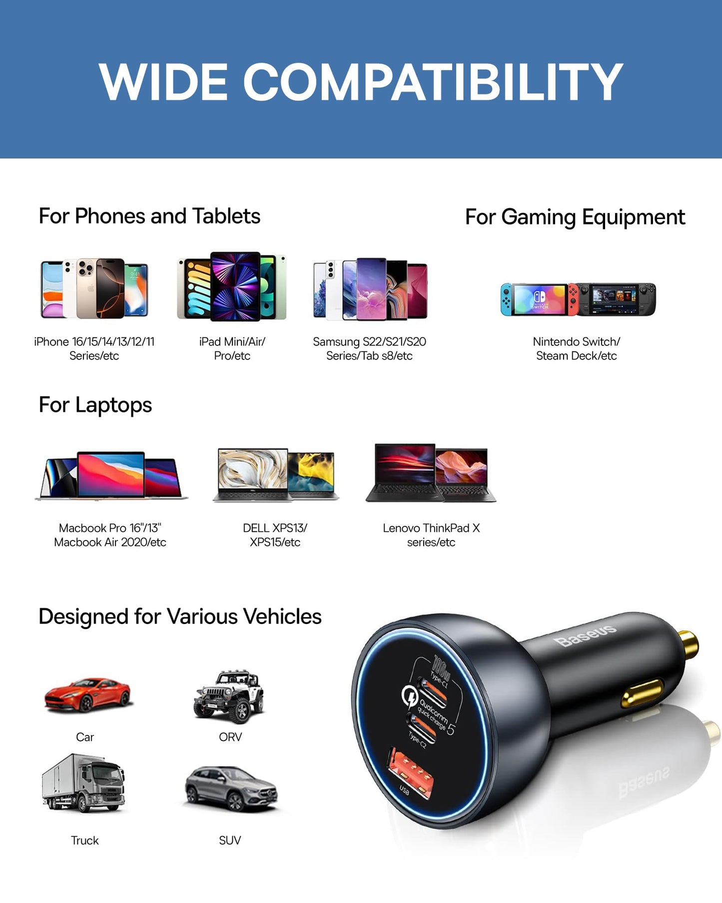 160W USB C Car Charger, Baseus Type C Car Charger, QC5.0 PD3.0 PPS 3 Ports Super Fast Charging Car Phone Charger Adapter for iPhone 15 14 13 Pro, Samsung S22 iPad MacBook Pro