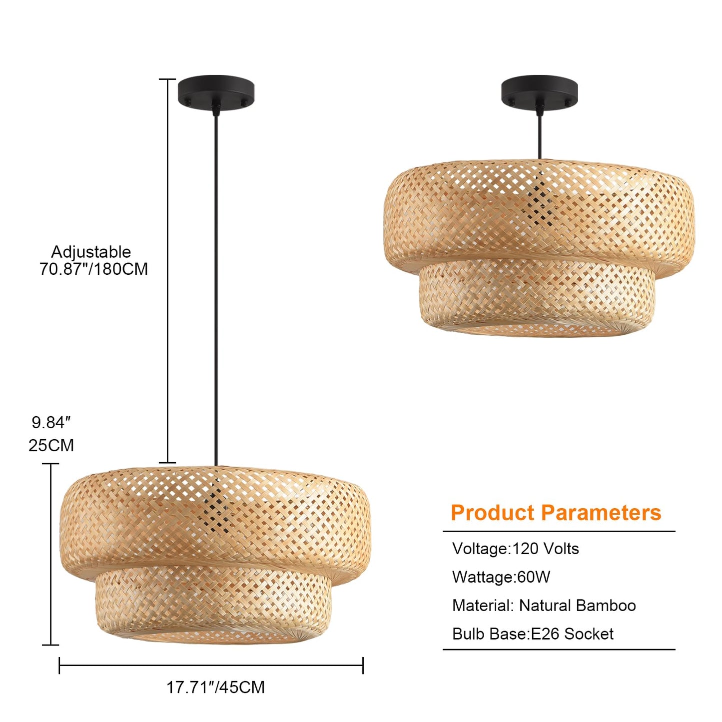 HUAHENGHAO 18.12 Inch Boho Bamboo Chandelier Hand Woven Dining Room Lights Wicker Hanging Lighting Fixtures for Living Room Kitchen Bedroom Coffee Restaurant Hallway