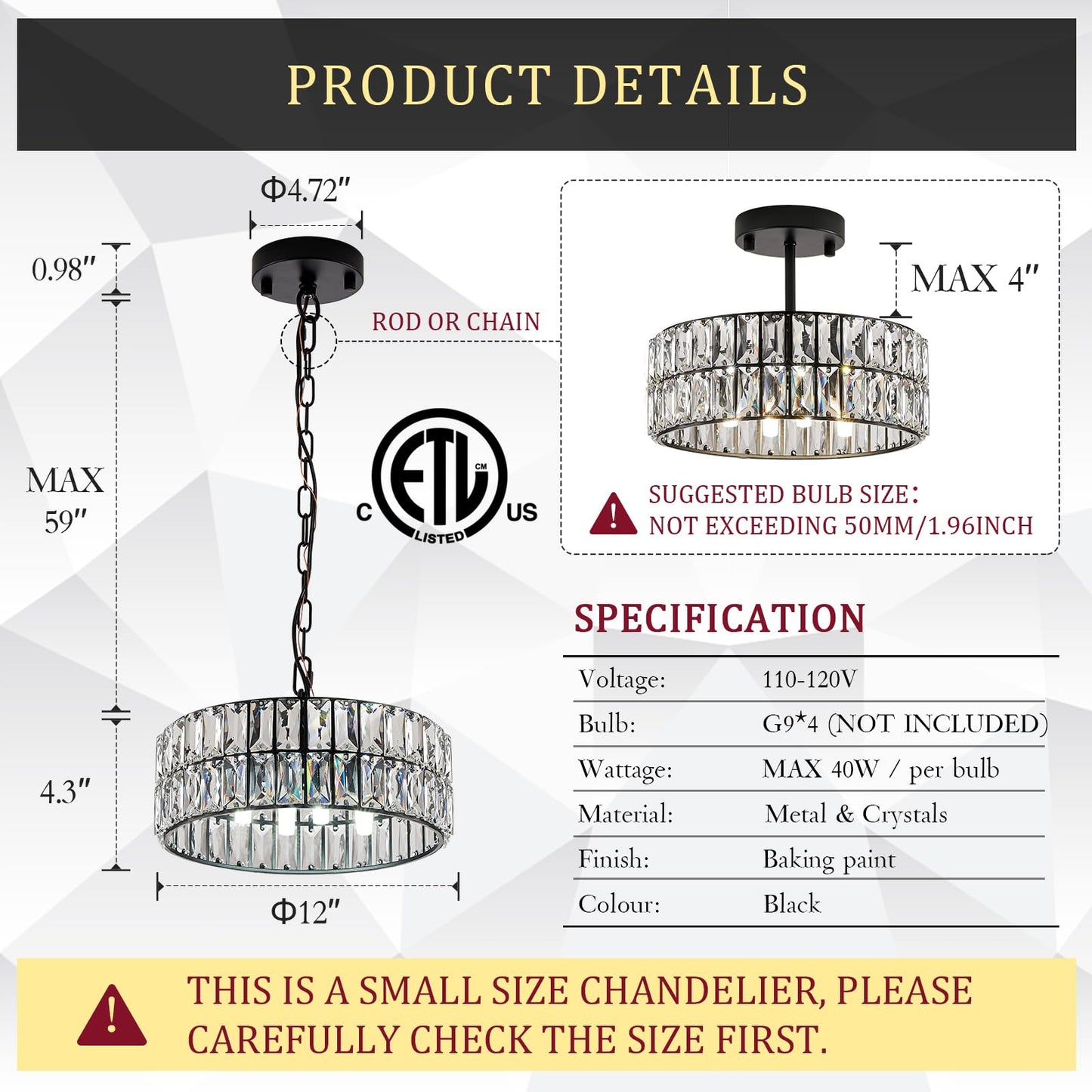 Crystal Pendant Light 4-Light Modern Black Chandelier Small 12” Crystal Semi Flush Mount Ceiling Light Round for Kitchen Island Foyer Hallway