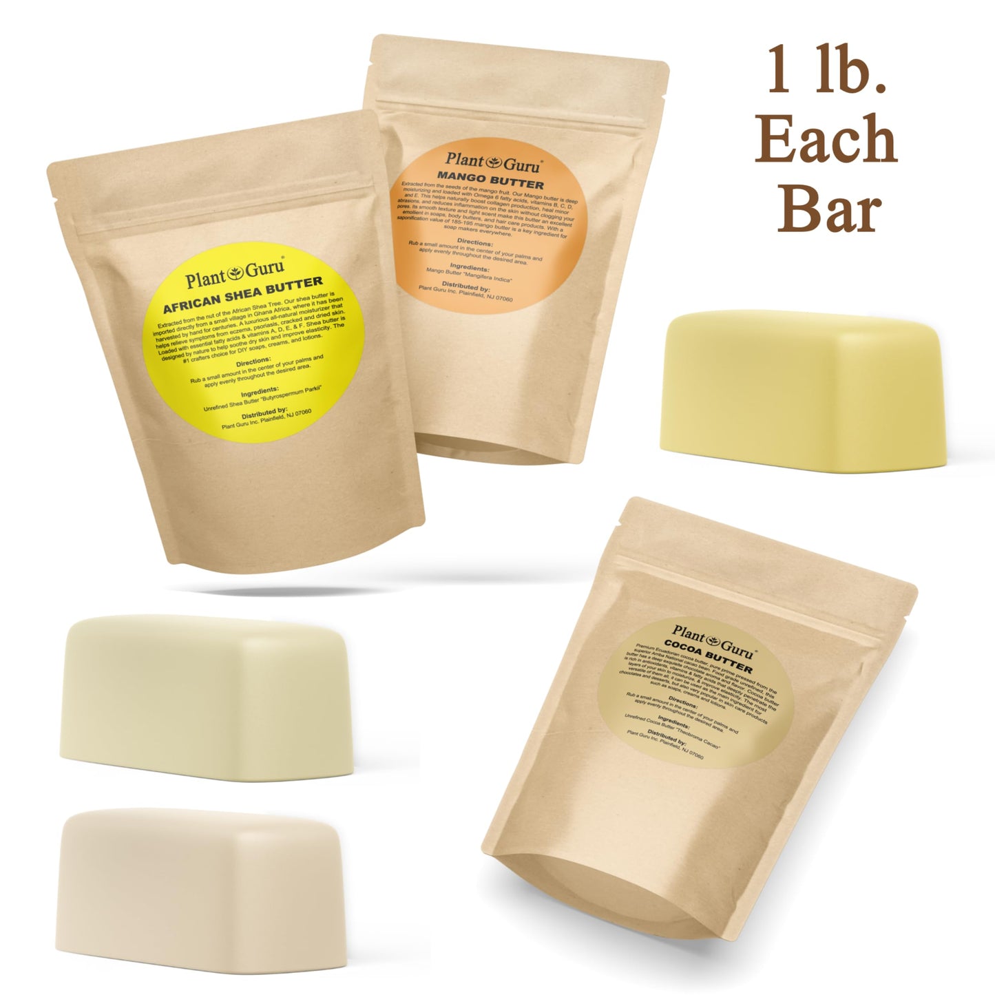 Shea, Mango and Cocoa Butter 1 lb. Bars Variety Bundle Pack - 100% Pure Natural Unrefined - Ideal Moisturizer For Dry Skin, Body, Face And Hair Growth. Great For DIY Soap and Lip Balm Making.