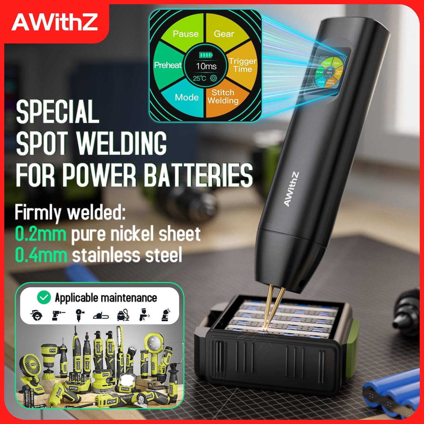 AWithZ H5 Upgraded 0.1-0.3mm Battery Spot Welder with Dual Pulse Output, 5000mAh 0.2mm Pure Nickel, 7-Language UI 99 Adjustable Levels Portable Spot welder for Making DIY Battery Packs