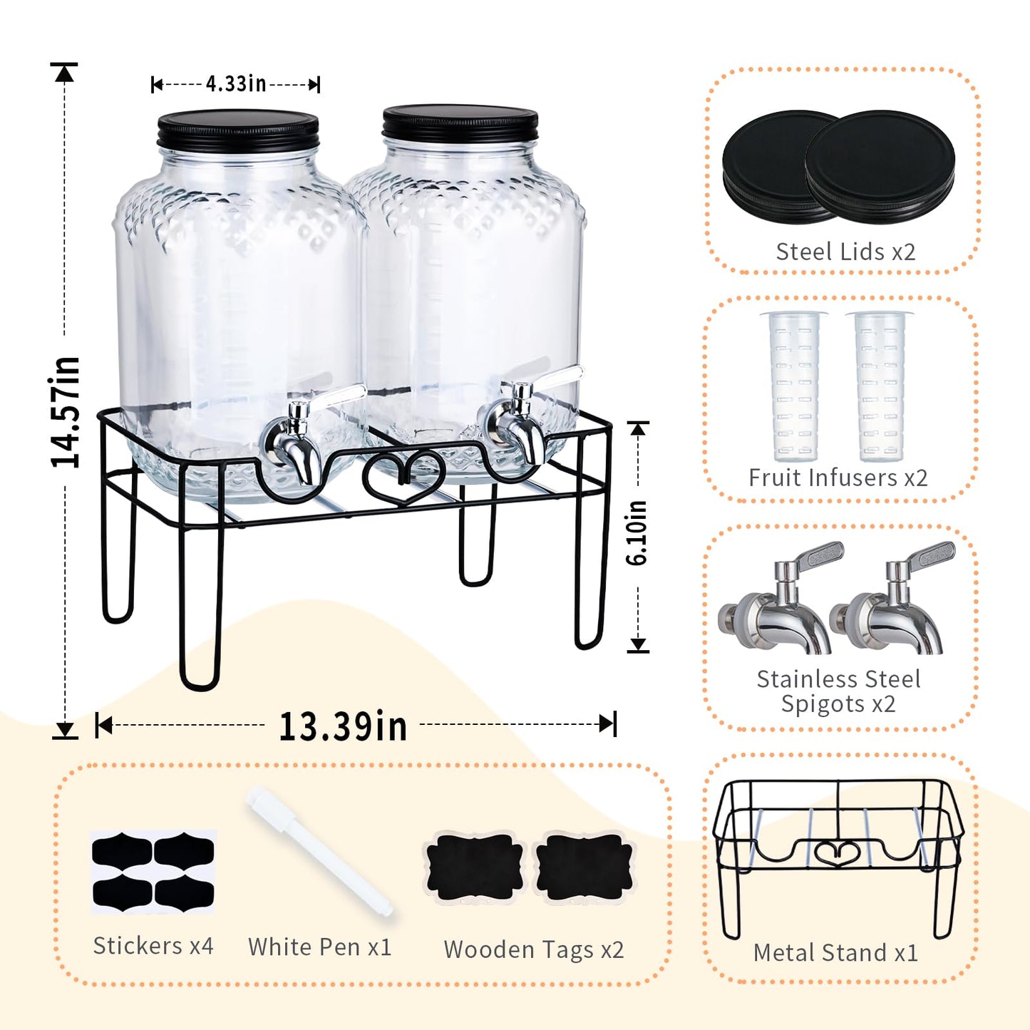 1 Gallon Glass Drink Dispensers for Parties, Beverage Dispenser with Stand and Fruit Infuser, Glass Lemonade Dispenser with Stainless Steel Spigot for Kombucha, Sun Tea, Juices, BBQ, Weddings