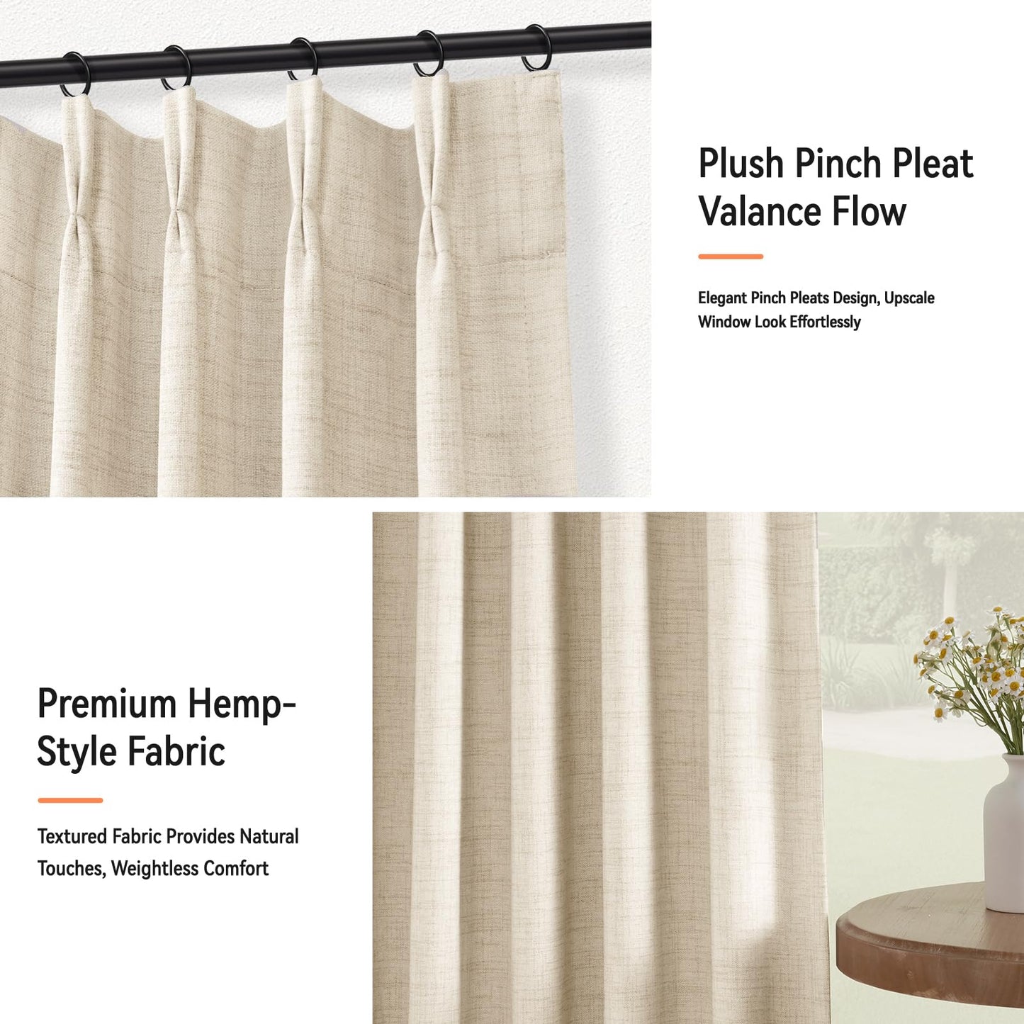 100% Blackout Shield Linen Pinch Pleated Curtains, Blackout Curtains 96 Inch Long 2 Panel Set, Pleated Drapes with Hooks for Bedroom & Living Room, 40" W x 96" L, Cream