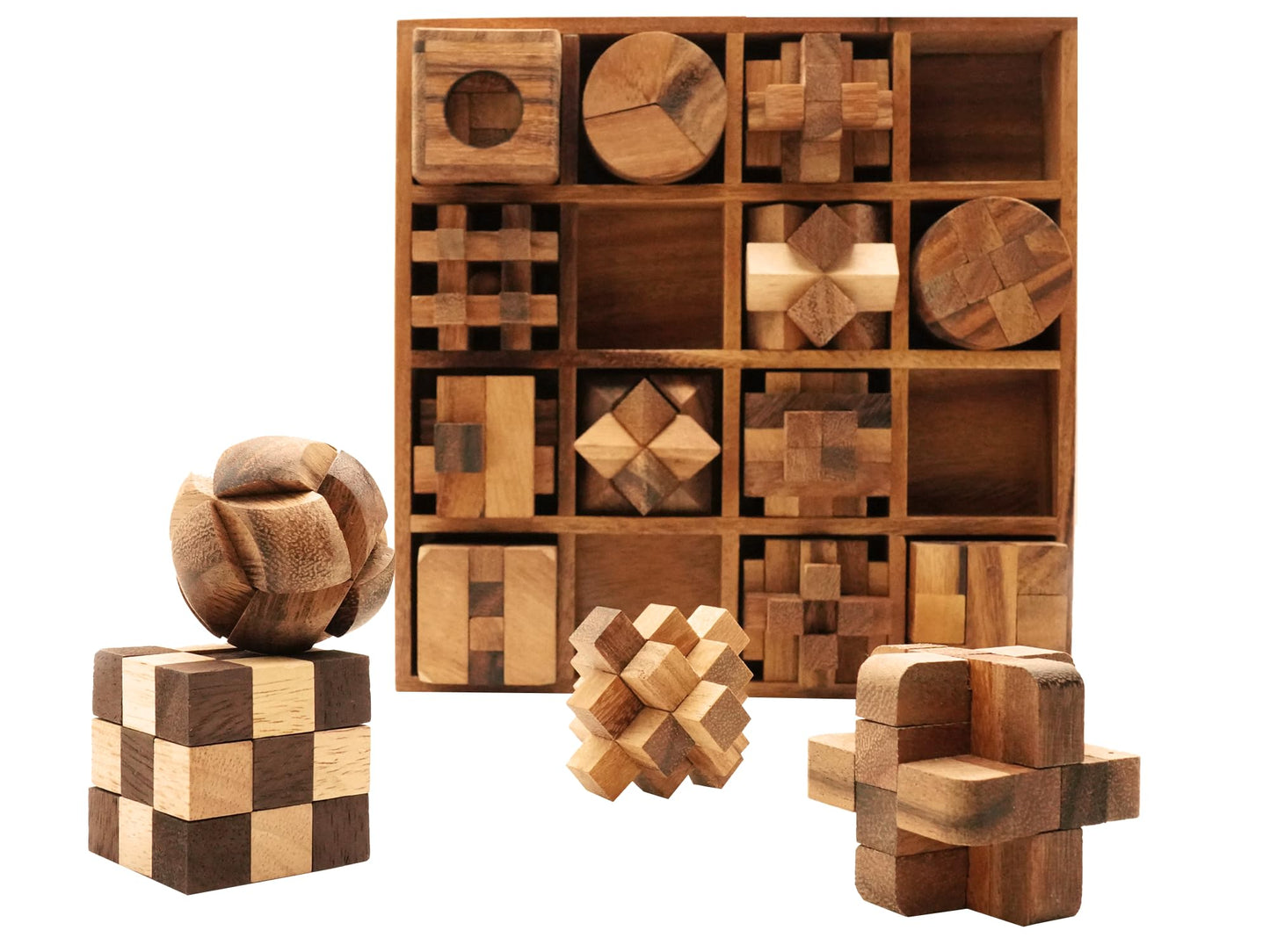 BSIRI 16 in 1 Wooden Brain Teaser Puzzles for Adults and Teens or Kids Interlocking 3D Mini Wood Mind Games Hand Puzzle Teasers Set Toys Coffee Table Games Gift