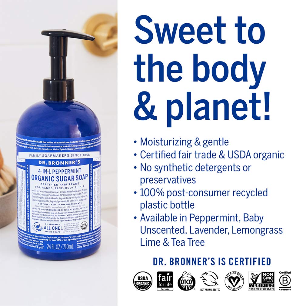 Dr. Bronner's Organic Sugar Soap (Peppermint, 64 Ounce)- Made with Organic Oils, Sugar & Shikakai Powder, 4-in-1 Uses: Hand and Body Wash, Face, Hair- Cleanses, Moisturizes, Nourishes, Vegan
