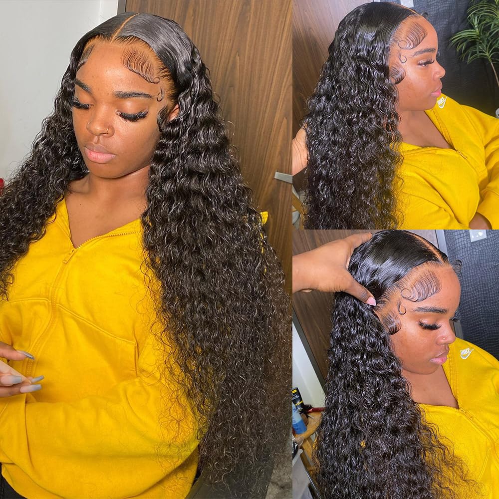 UFHUFH 28inch Deep Wave Lace Front Wigs Human Hair 13x4 Curly Human Hair Wig Pre Plucked with Baby Hair HD Transparent Lace Frontal Hair 200% Density Glueless Wet and Wavy Human Hair Wigs