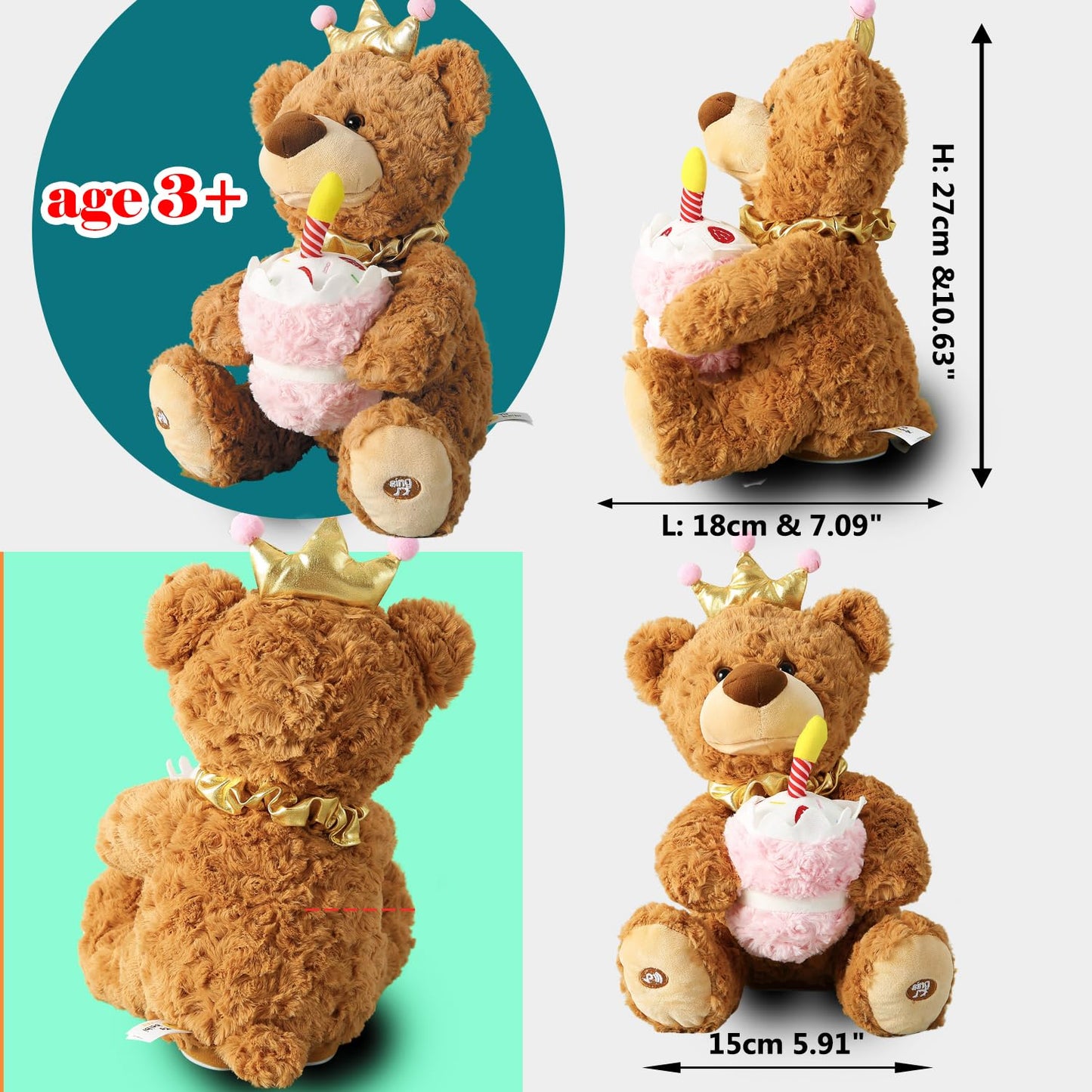 Musical Birthday Teddy Bear, Singing Dancing Talking Plush Bear Repeating What You Say Mimicking Recording Toy English Song Glowing Candle with Cupcake Stuffed Animal Gift for Boy Girl Kid